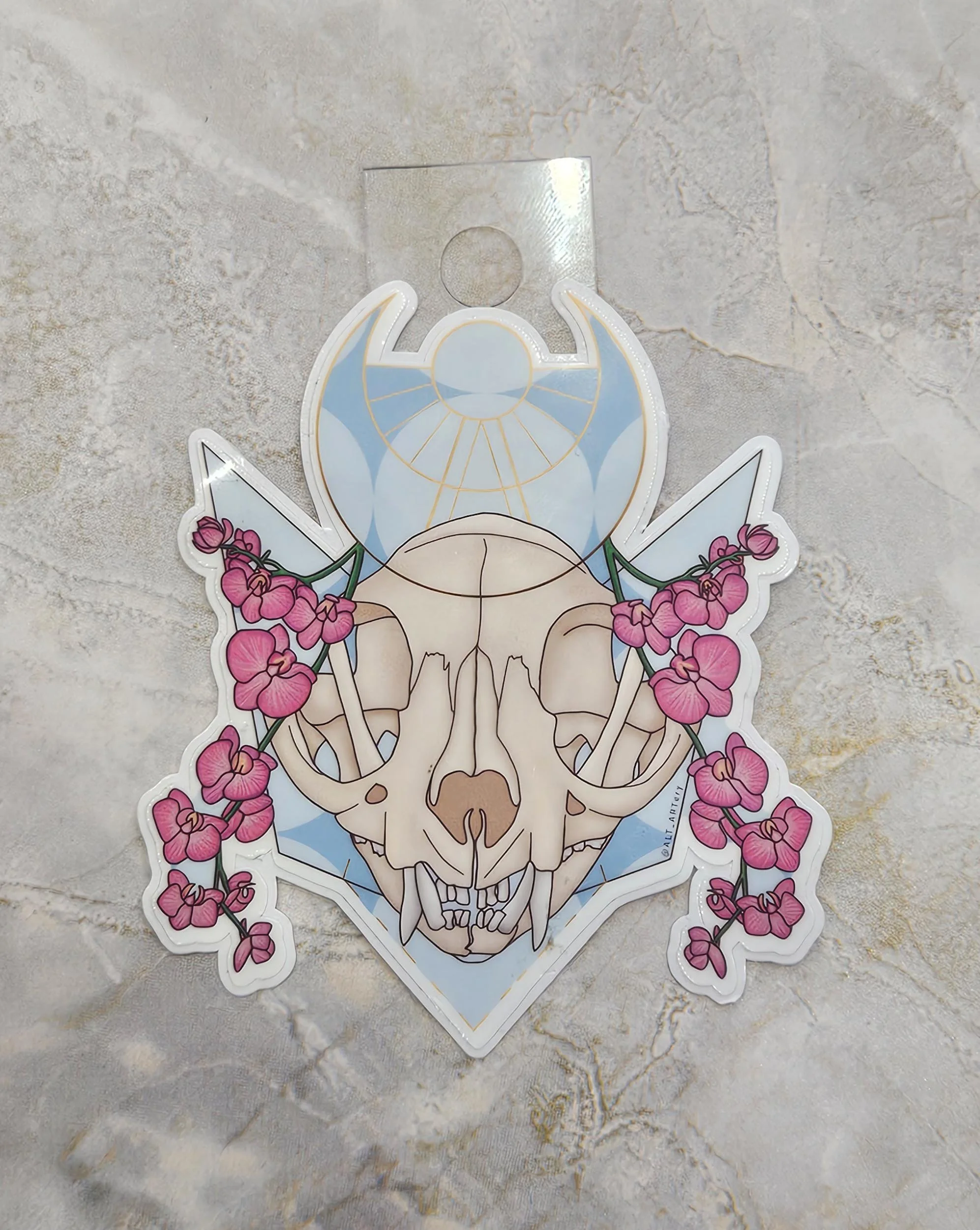 Raccoon Skull with Orchids Sticker