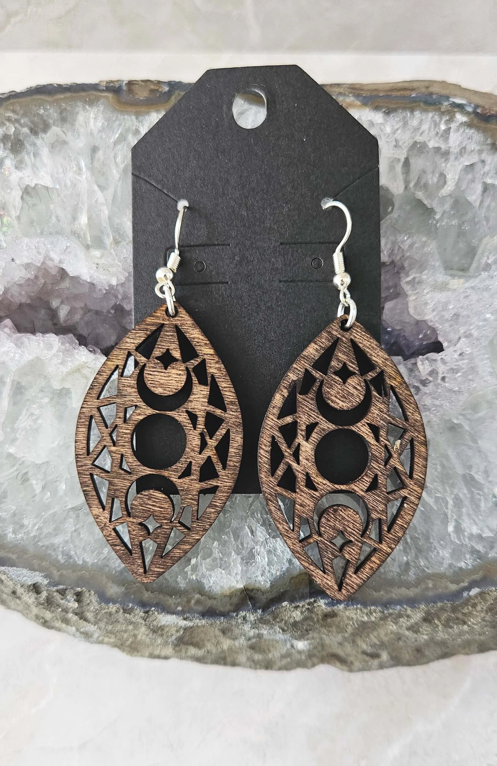 Wood Oval Moon Phase Earrings