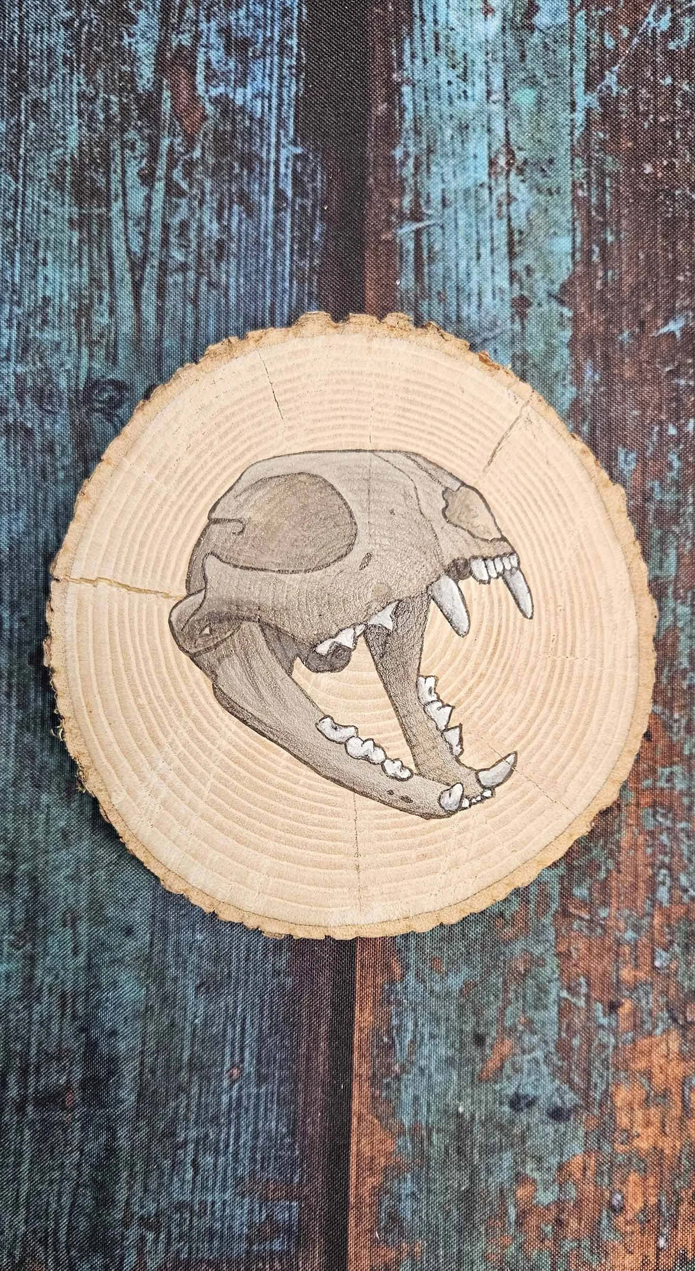 Natural Wood Slice with Cat Skull