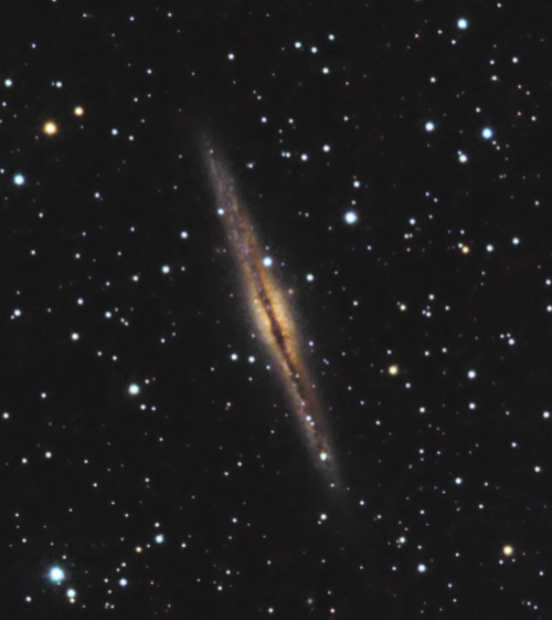 An edge-on view of a spiral galaxy
