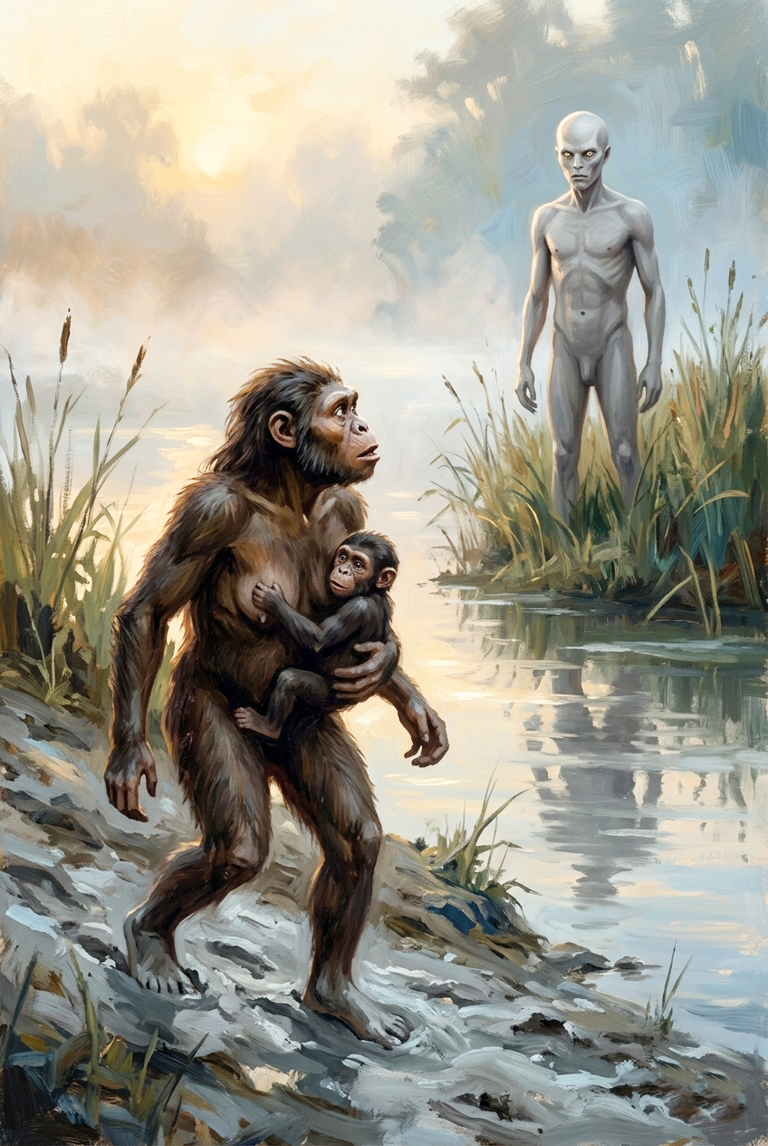 Australopithecus woman with child meets alien creature by a river