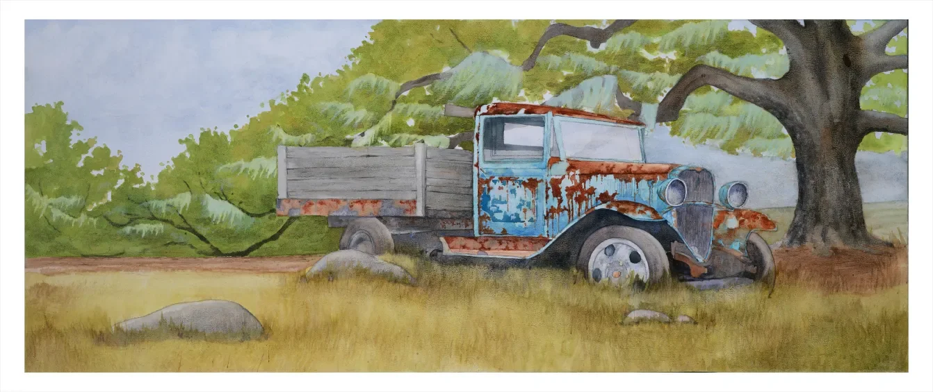 Watercolor painting of an old, rusted and abandoned pickup truck in a grassy field, with a large tree and green foliage in the background.
