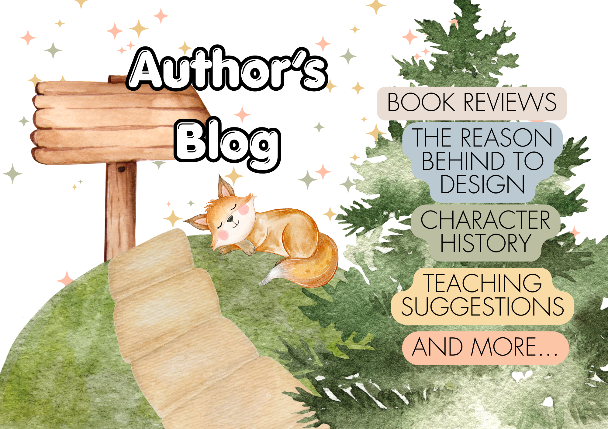 Author's Blog text over a directional sign, at the end of a dirt path, next to a sleeping fox.