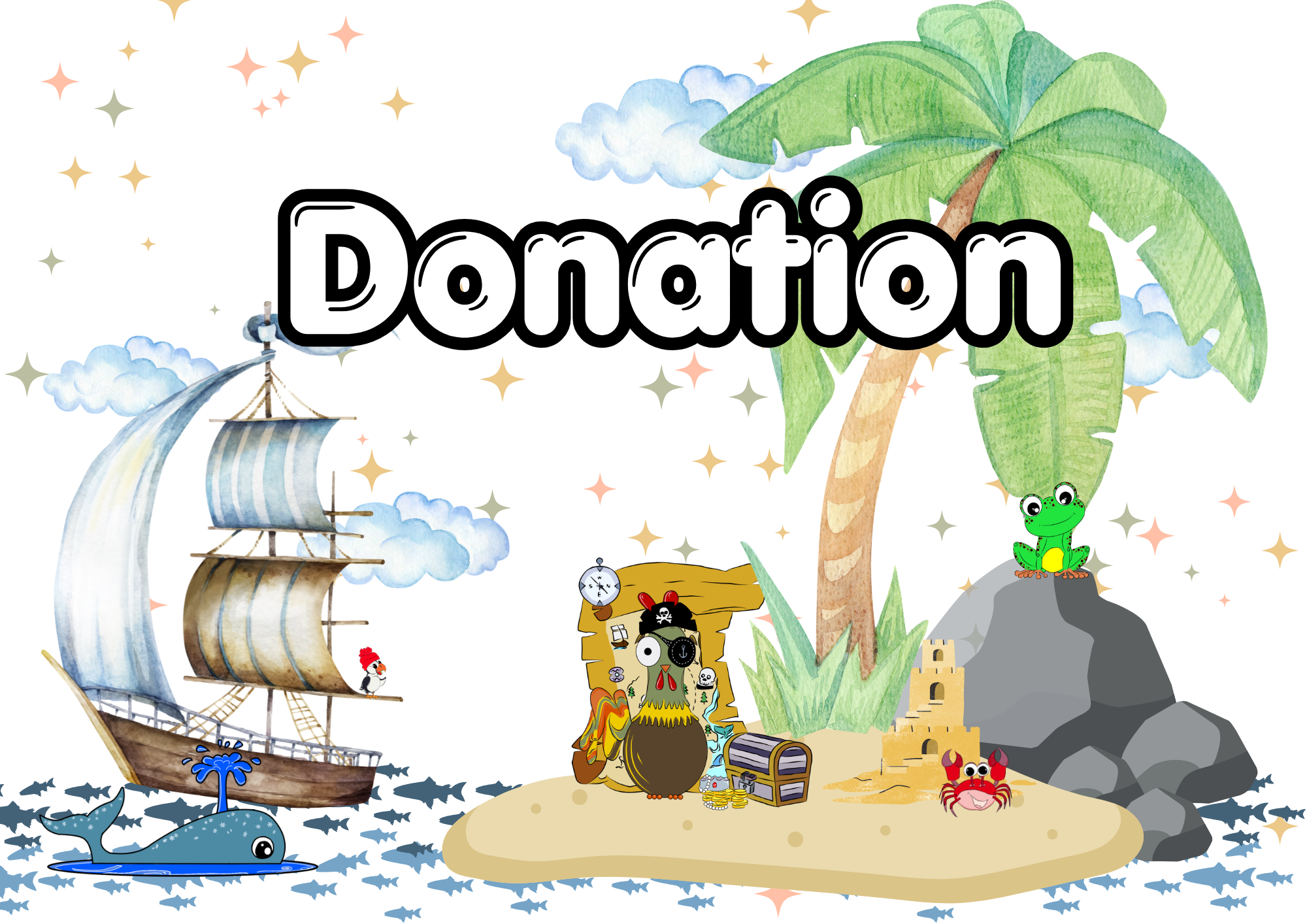 Donation text over Bernie in his pirate outfit standing next to a treasure box under a palm tree.