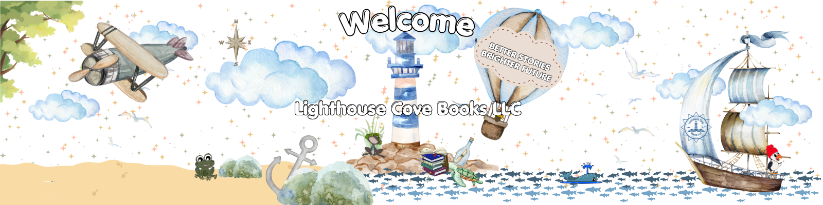 Welcome to Lighthouse Cove Books printed over a lighthouse on an island between a beach and an ocean;