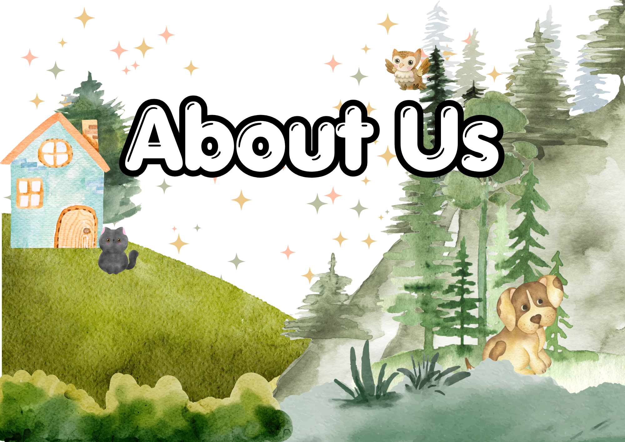 About us text over a mountain, dog, and a hill with a house.