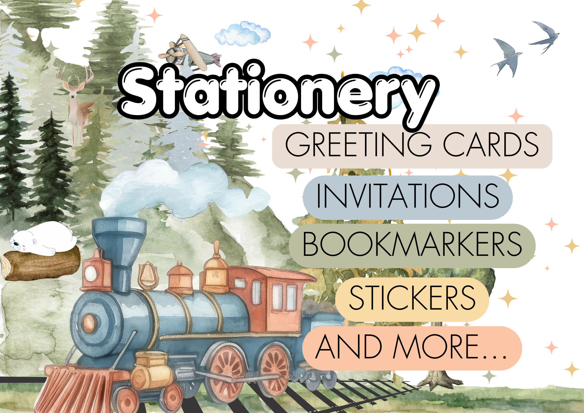 Stationery texted over a mountain that is surrounded by pine trees and a train speeding by.