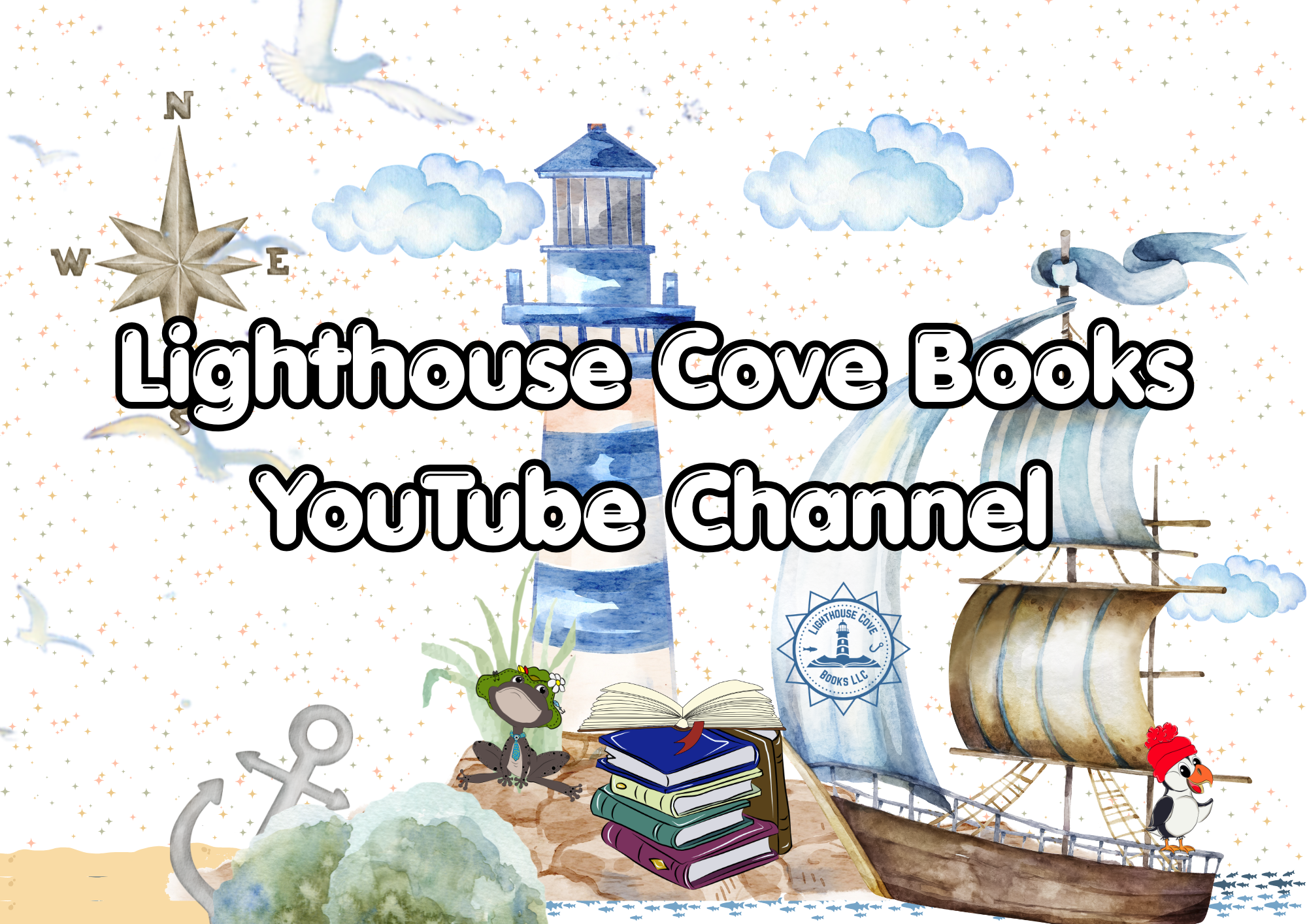 Lighthouse Cove Books YouTube Channel text over a lighthouse between a beach and an ocean of small blue fish.