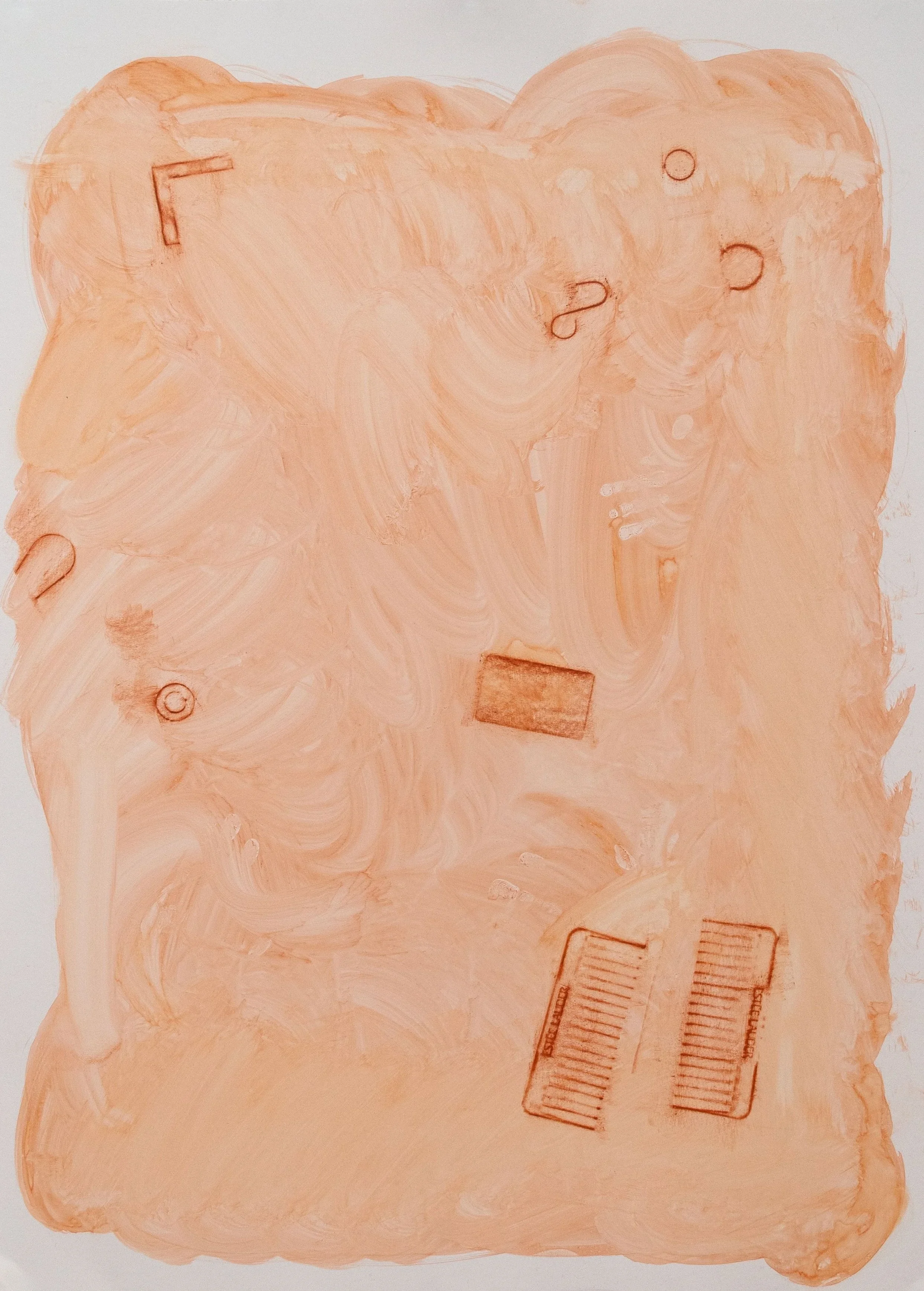  Rubbing , self-tanning solution, sanguine oil stick, paper, 40” x 28”   