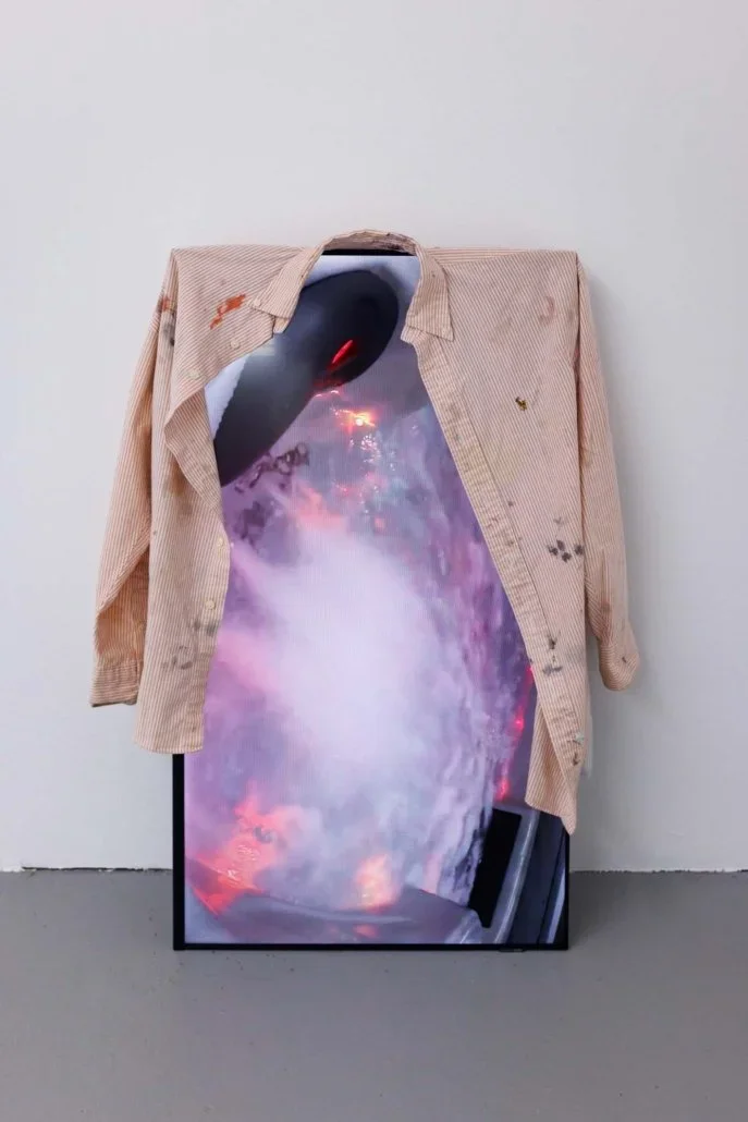   Jacuzzi , found video, father's work shirt worn in studio, paint 