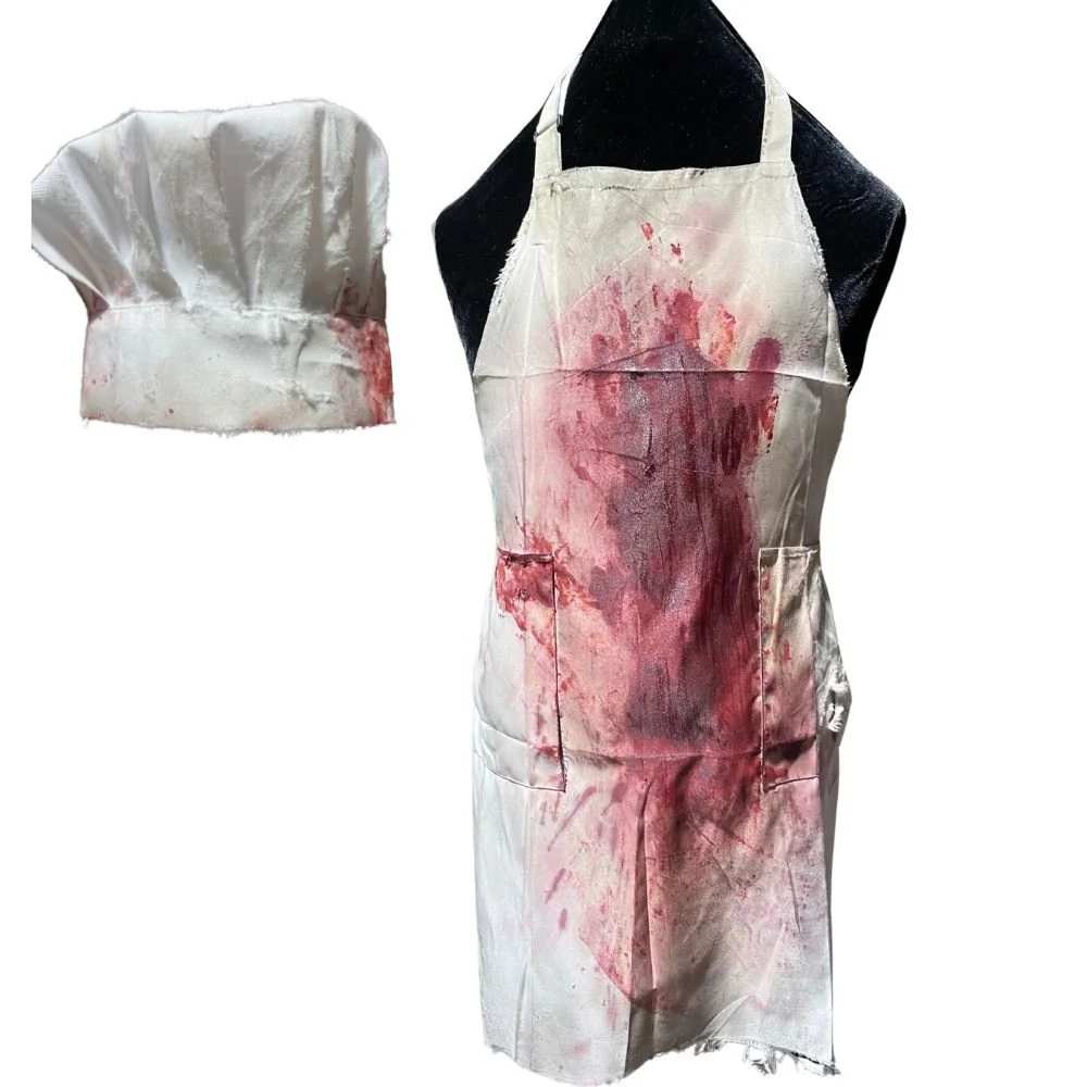 Bloody Butcher Chef Halloween Costume – Fake Blood-Stained Apron & Hat, Horror Costume, One Size