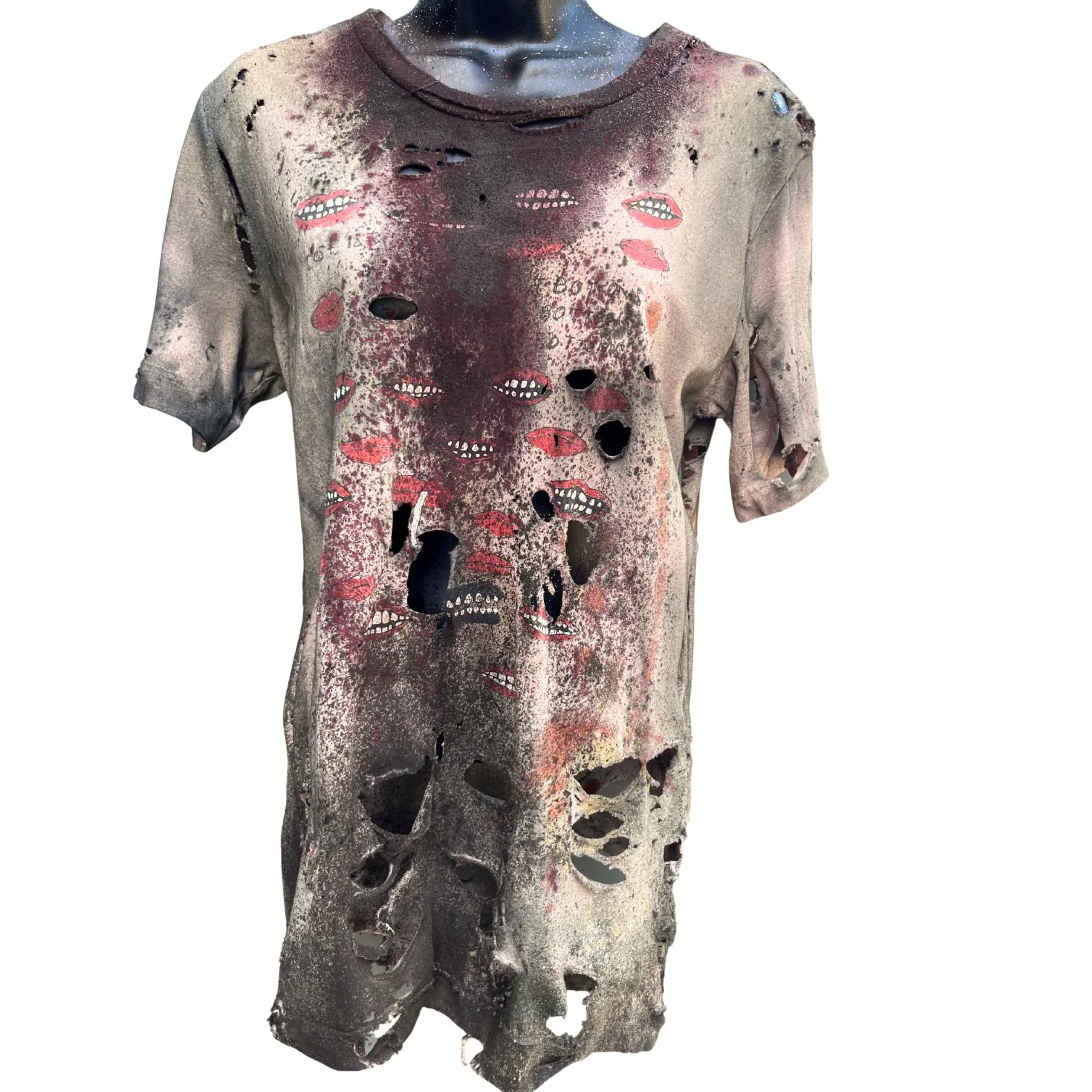 Hand-Painted Bloody Kiss Zombie T-Shirt – Horror Halloween Costume Tee, Size Small
