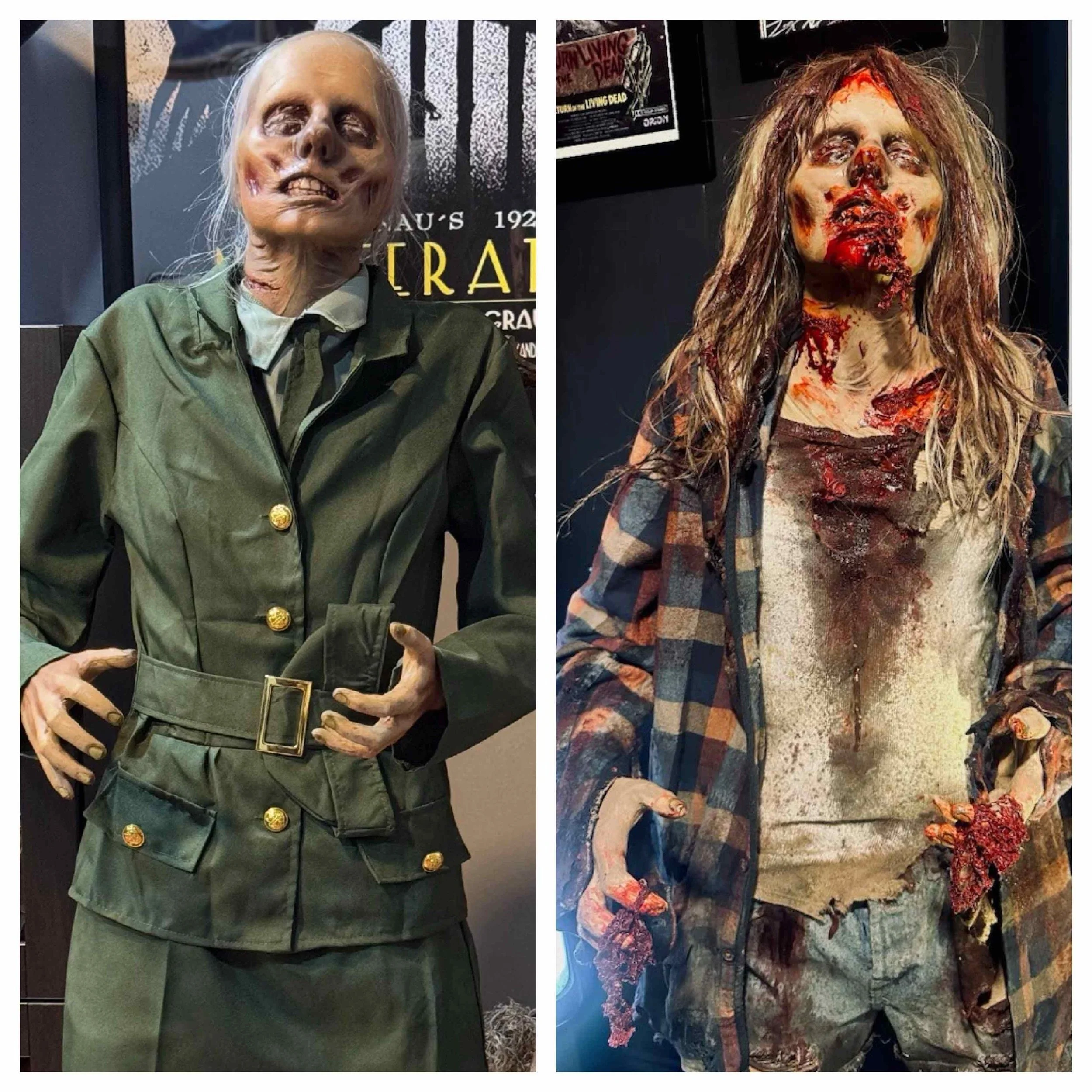 Standing female zombie figure that has a before and after photo of its costume with and without custom effects by TaylorMade Costume Design