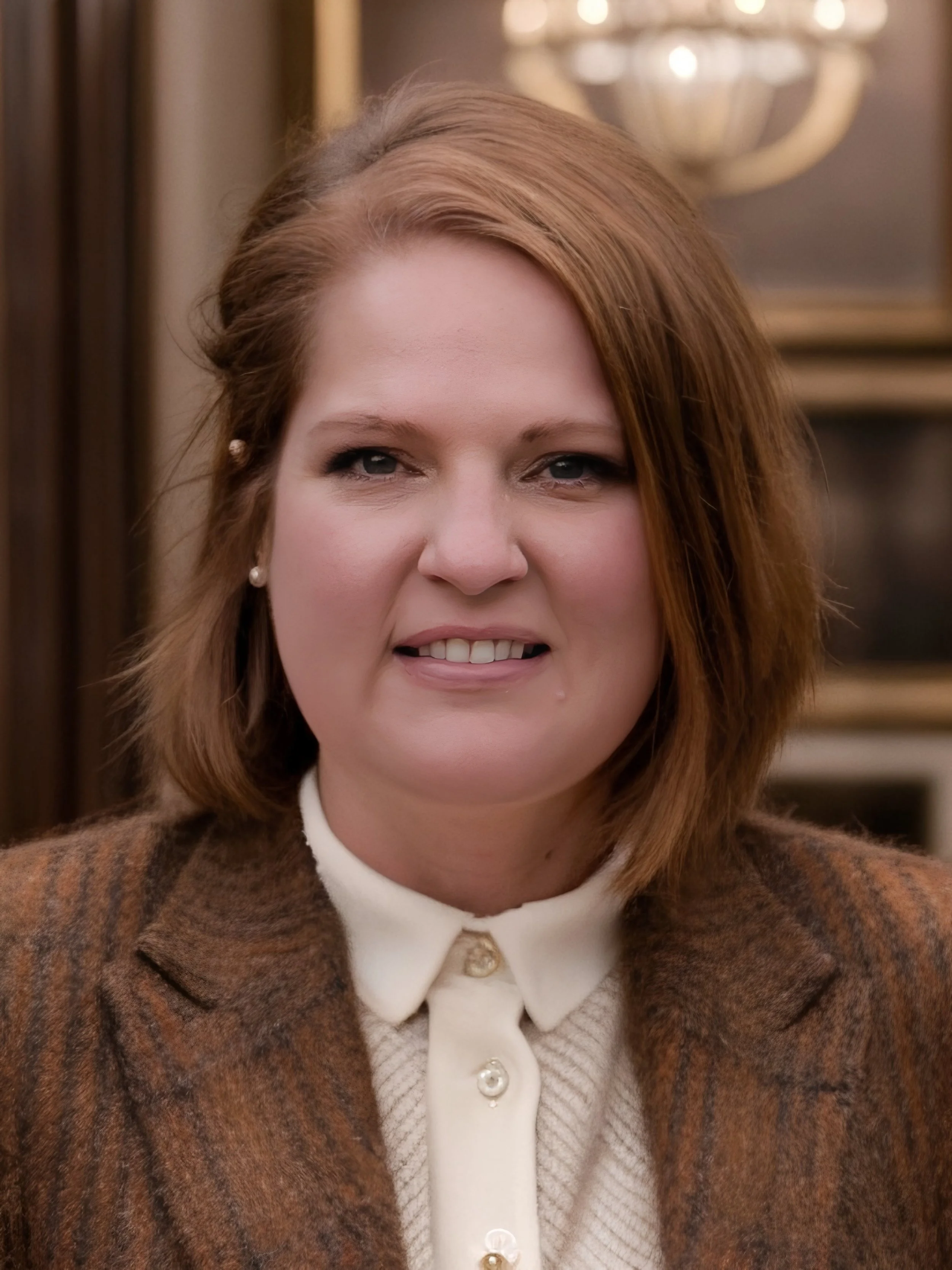 A woman with short brown hair, wearing a brown blazer over a white collared shirt with pearl earrings, smiling indoors.