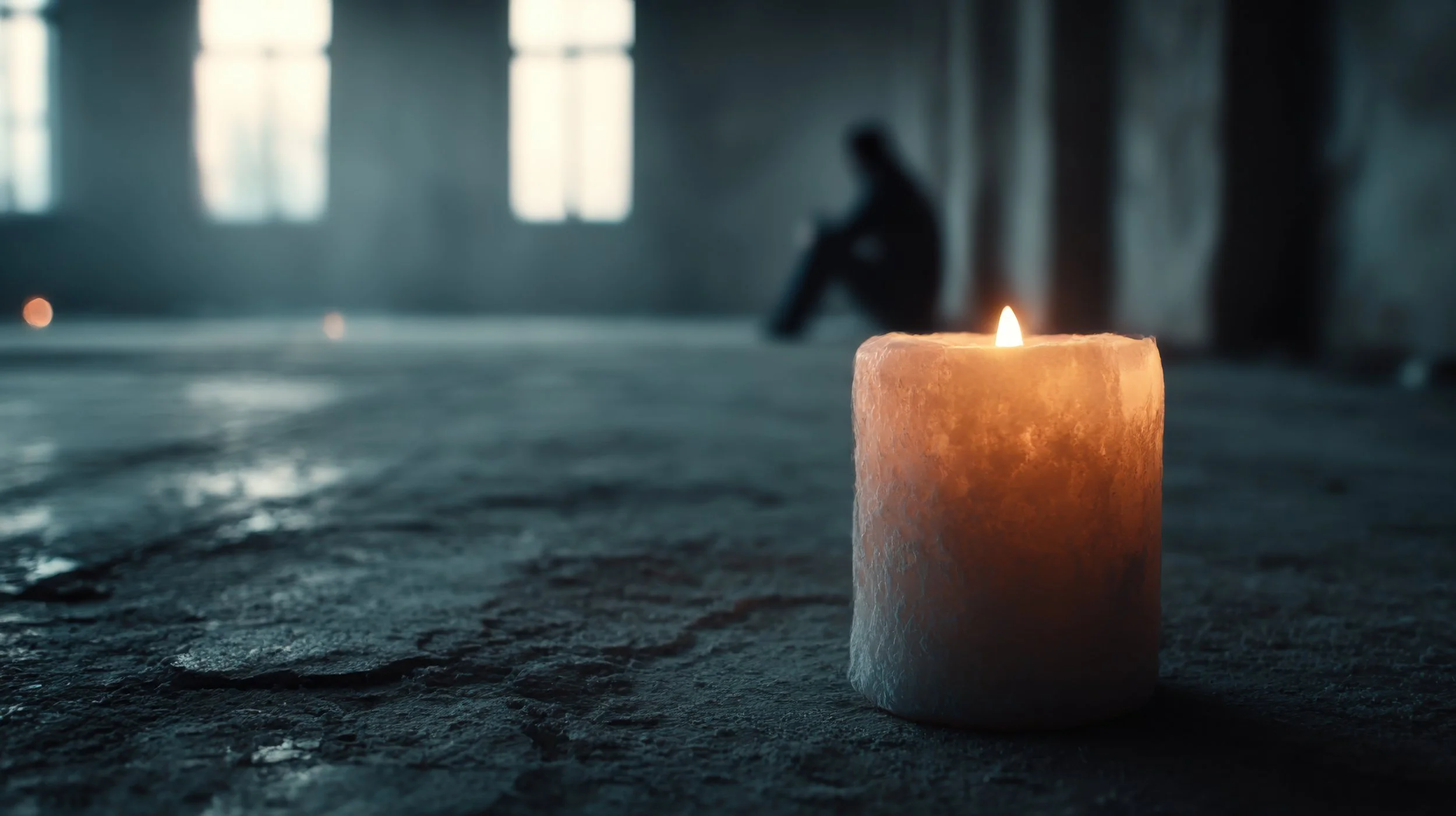 Pillar candle in near focus, and a man sitting on the floor against a wall, out of focus