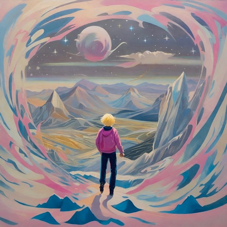 Surreal artwork of a person in a pink hoodie standing on a colorful, swirling landscape with mountains and a large pink planet in the sky.