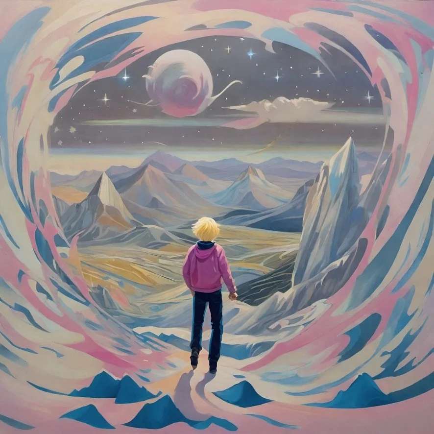 Surreal artwork of a person standing in a colorful landscape with mountains and a planet in the sky, surrounded by swirling pastel colors, resembling a dreamlike scene.