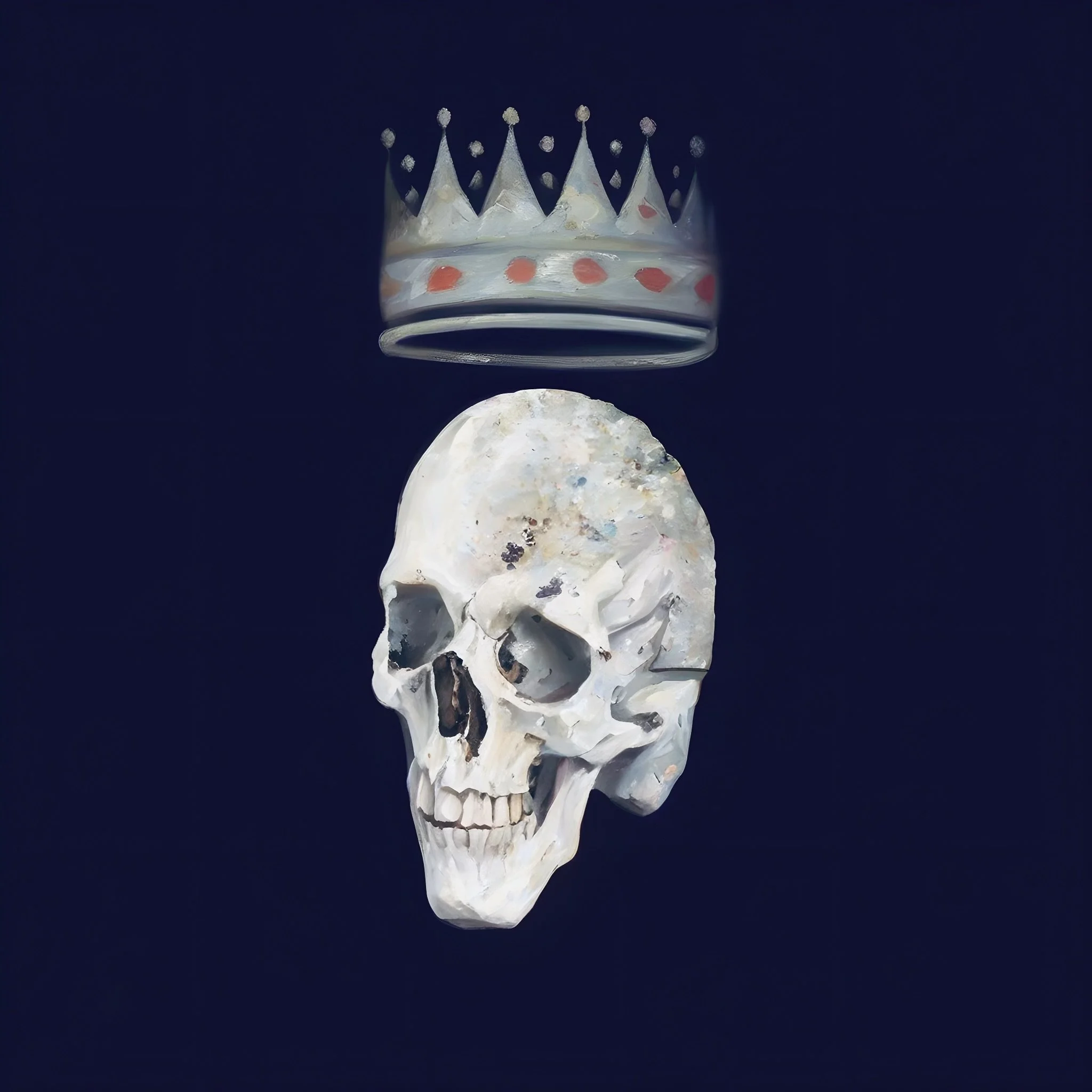 A skull with a floating crown above it, set against a dark background.