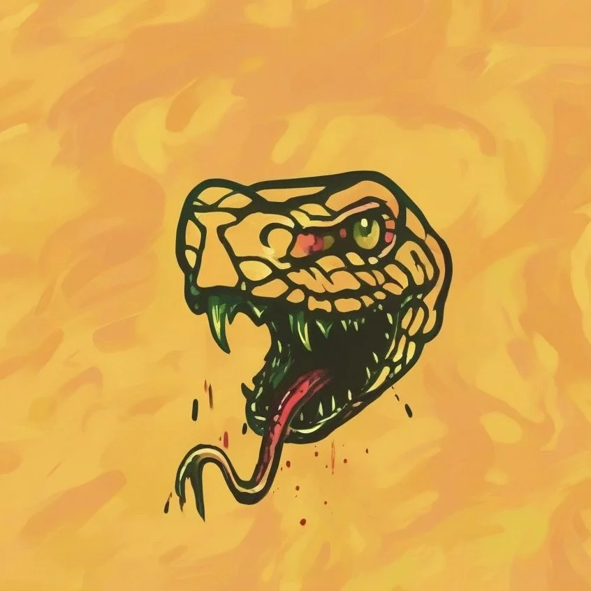 Illustration of a snake's head with an open mouth, visible fangs, and a protruding tongue on a yellow background.