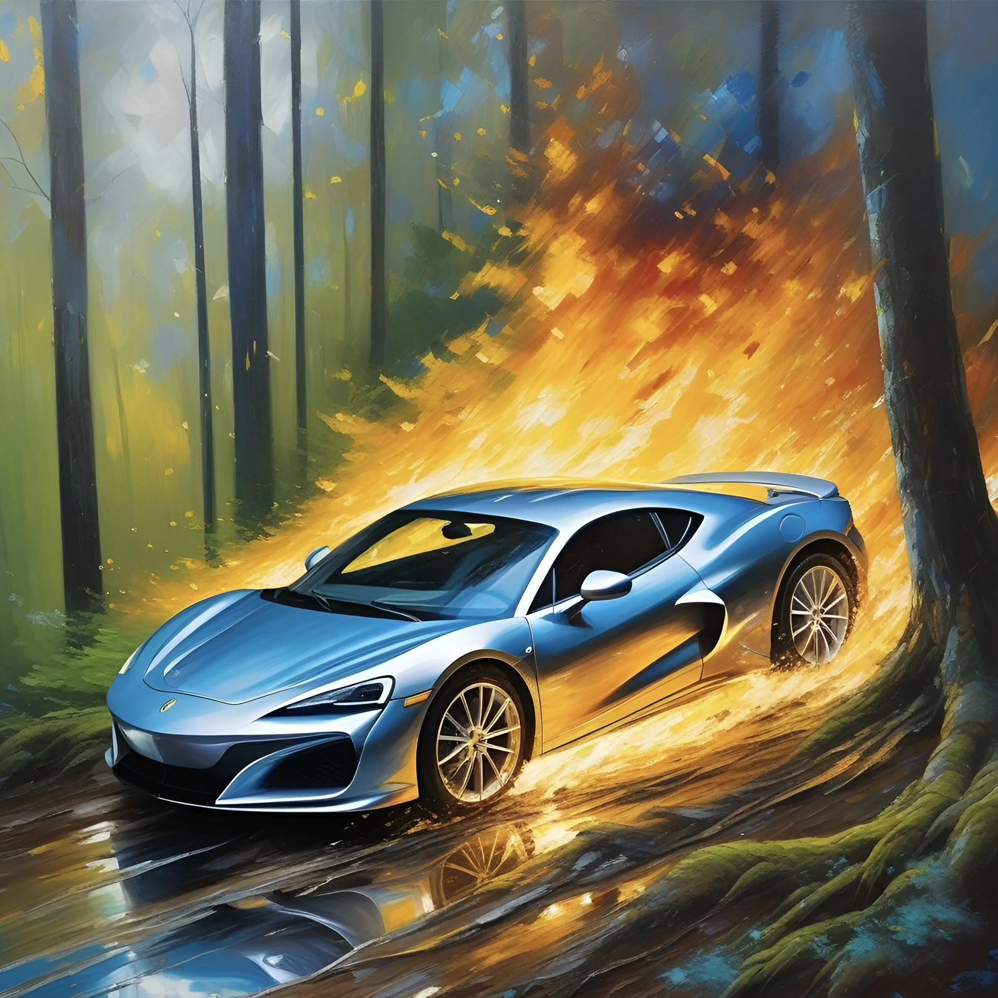 Illustration of a sleek silver sports car driving through a forest with vibrant flames and motion effect.