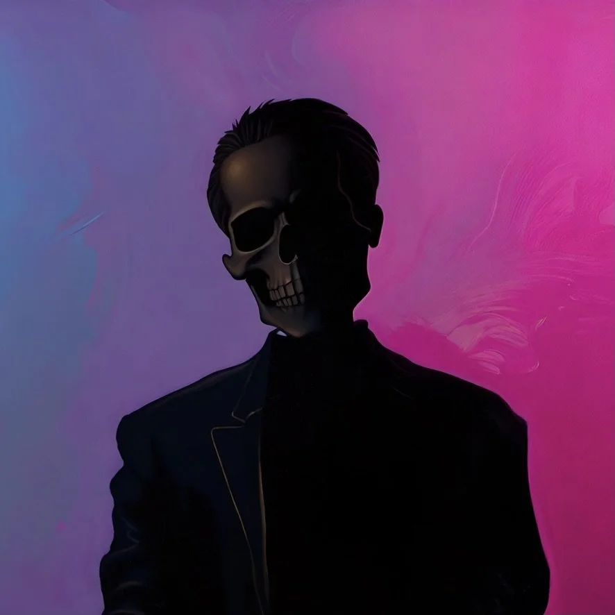 Silhouette of a person with a skull face against a pink and blue gradient background.