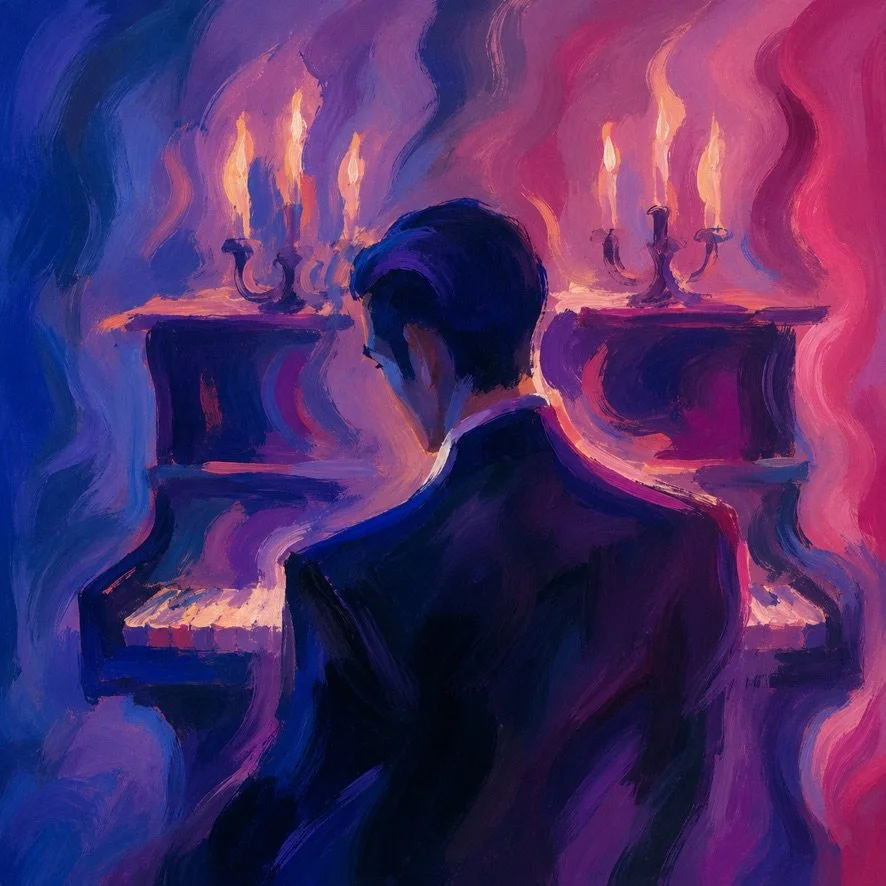 Stylized image of a man in front of a piano with ornate design and purple lighting.