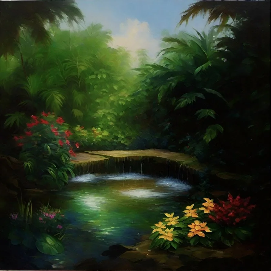 A serene garden scene with lush green foliage, a small waterfall flowing over rocks into a pond, and colorful flowers including red and yellow blooms.