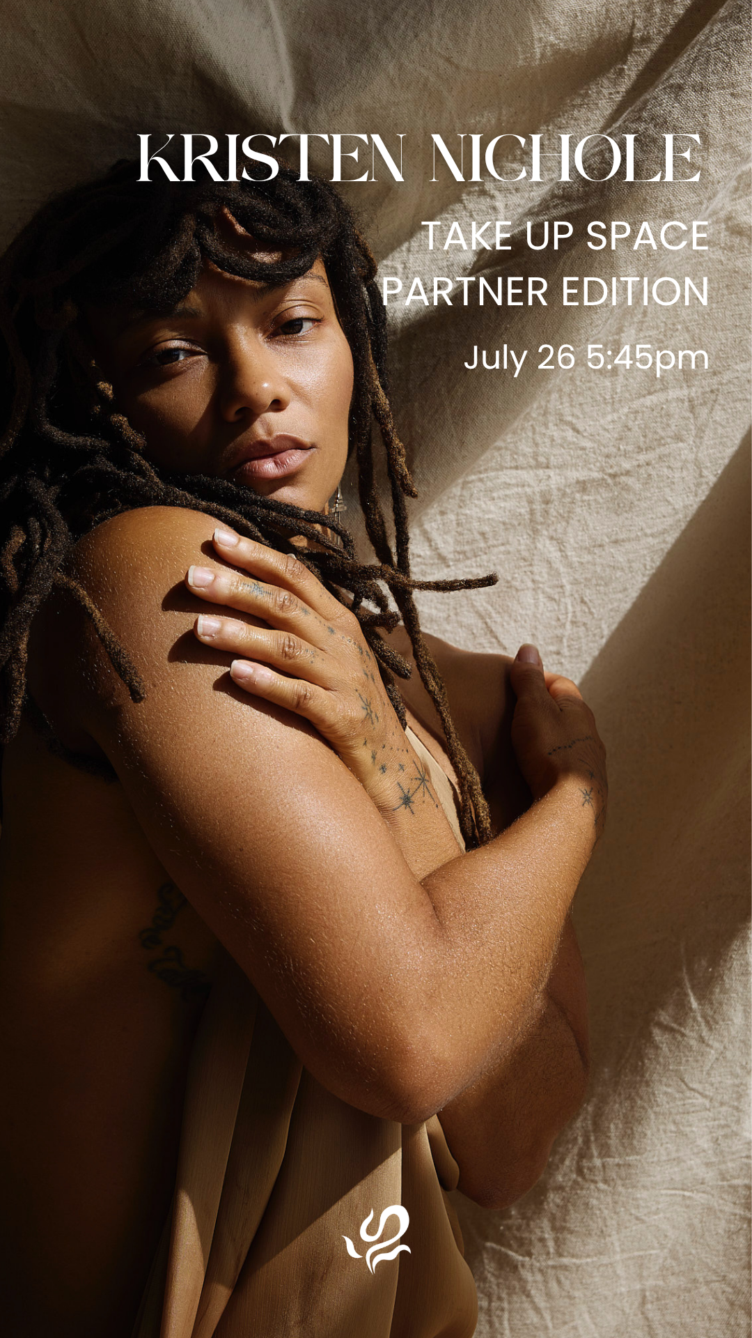 A woman with dreadlocks and tattoos resting against a beige fabric backdrop, with sunlight casting shadows on her face and body, promoting Kirsten Nicole's event.
