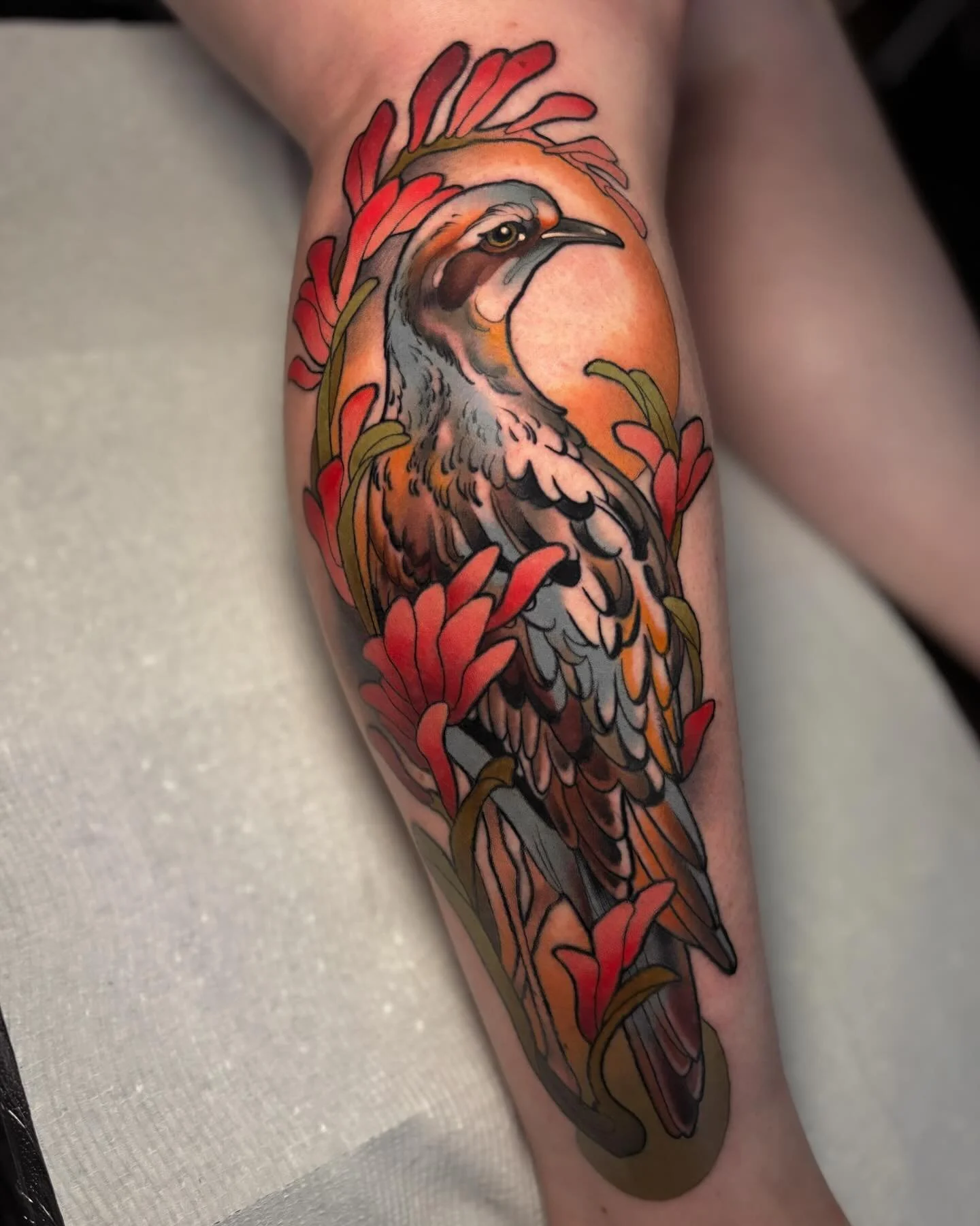Just finished this cheeky bush stone curlew in kangaroo paw flowers for Sharon over two sessions! Love the warm color palette that brings this Aussie native to life. Thanks, Sharon&mdash;can&rsquo;t wait to add more to your leg! 

What Aussie native 