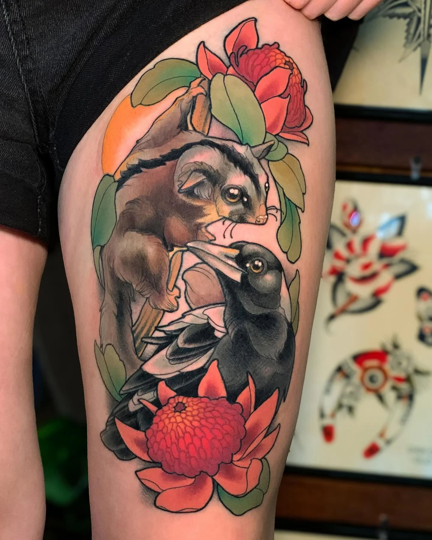 A special piece for Sierra to celebrate her time down under before heading back to the USA! 

Featuring these super cute sugar glider and magpie friends with vibrant Waratahs, this design captures the beauty of Australian wildlife and landscapes. We 