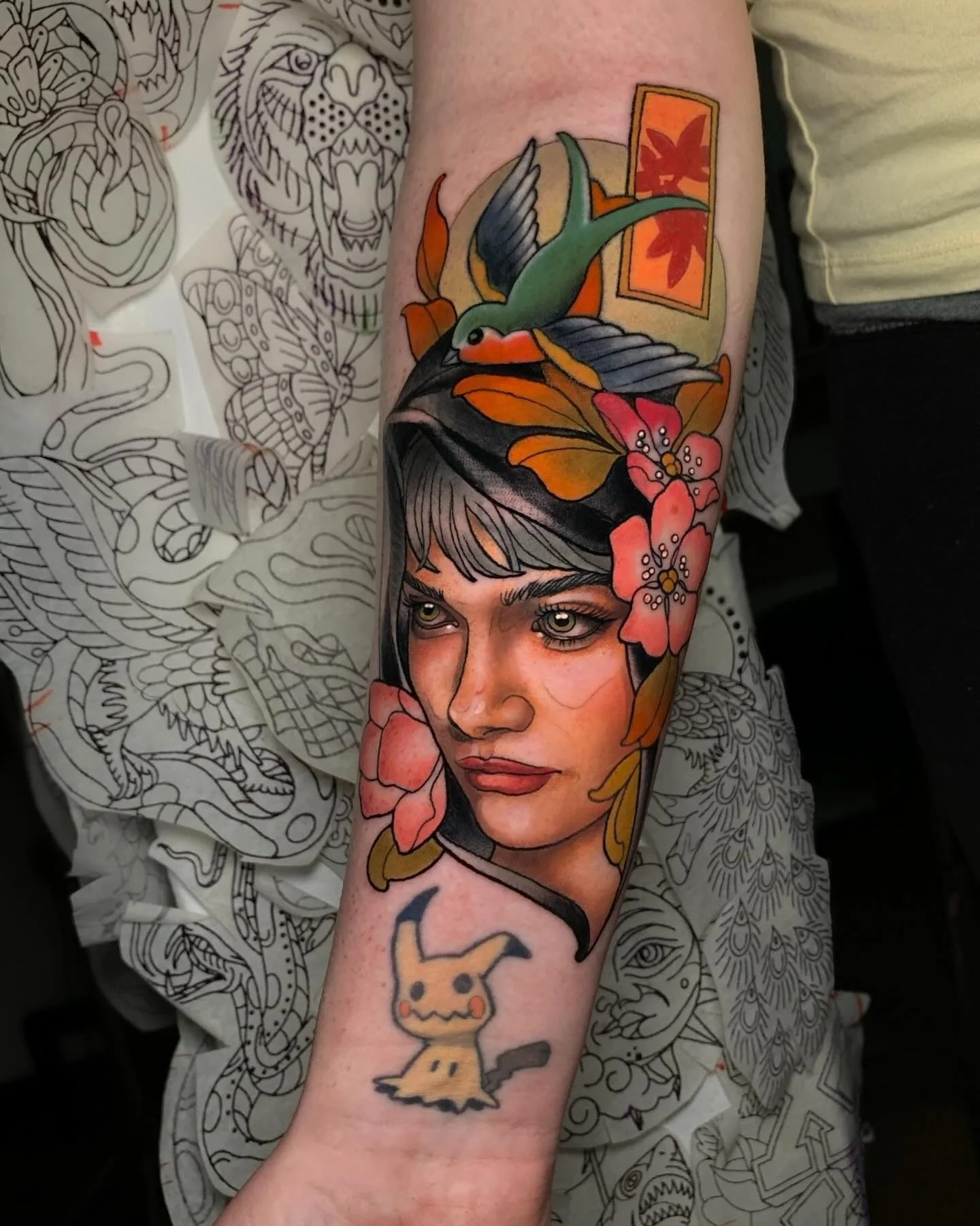 Jess brought me a fun challenge with this cover-up, and I couldn&rsquo;t be happier with how it turned out! We were able to keep the original swallow while covering the name underneath, giving the piece an entirely new story and meaning. Thank you, J