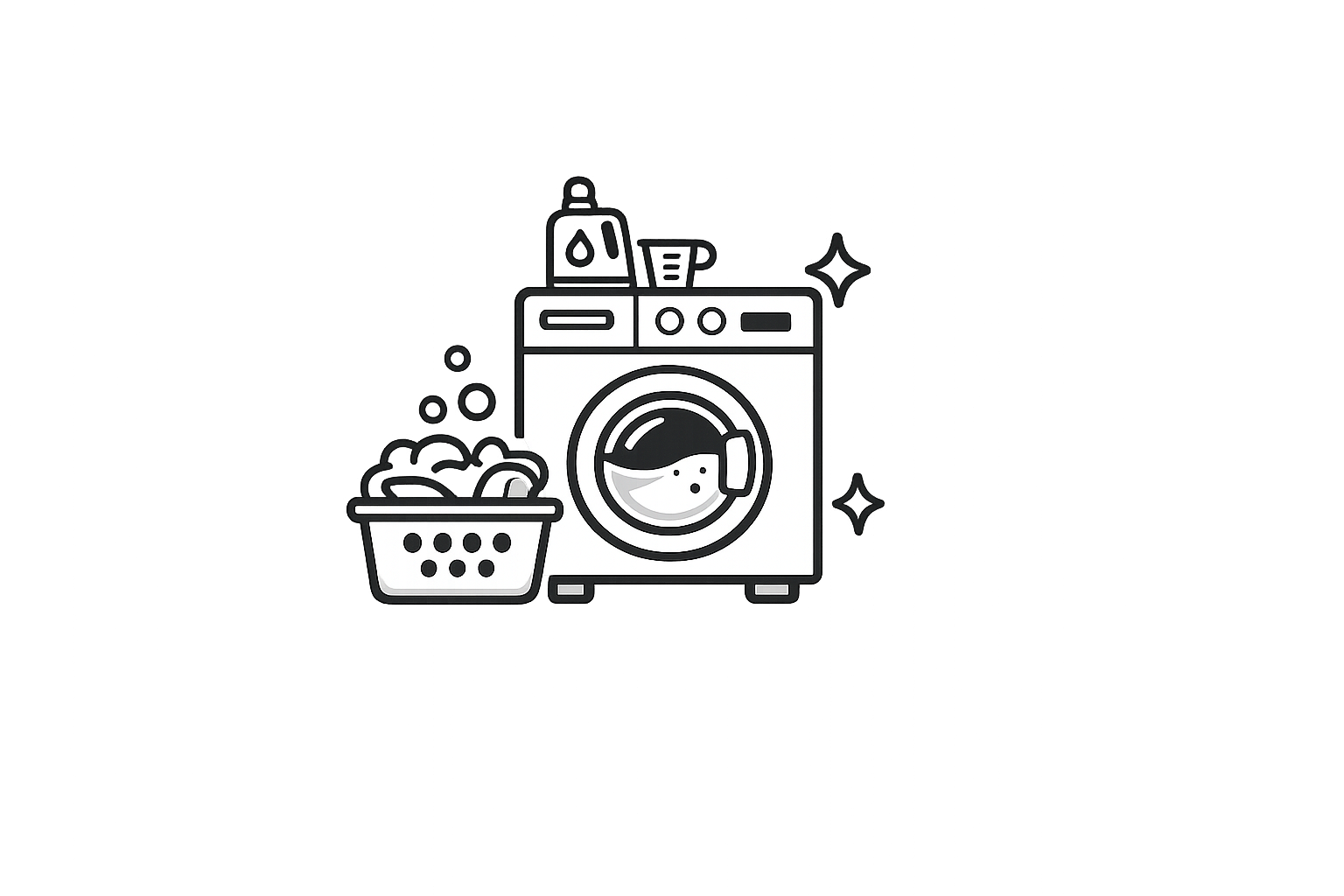Illustration of a washing machine with a happy face on the door, a laundry basket filled with clothes nearby, and detergent and fabric softener bottles on top.