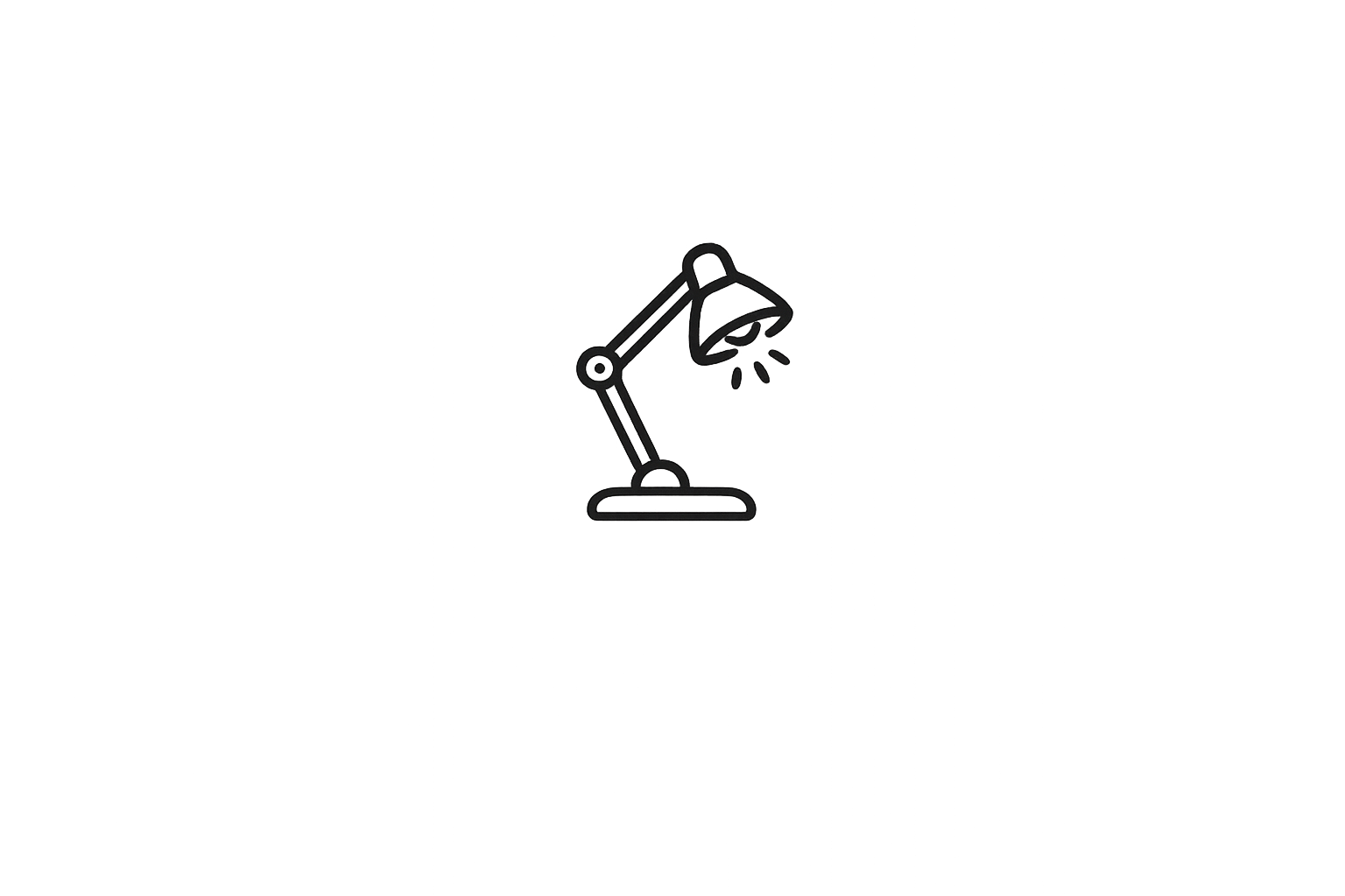 Outline illustration of a desk lamp emitting light.