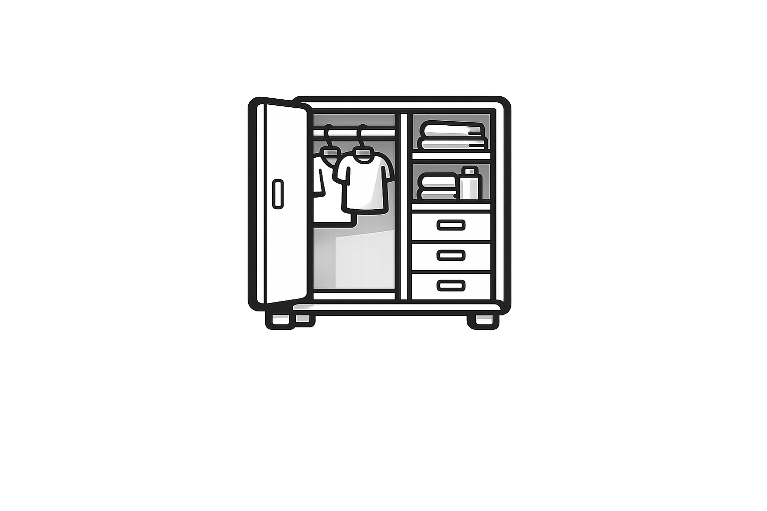 Illustration of an open wardrobe with hanging clothes on the left side and shelves with folded clothes, books, and a water bottle on the right side.