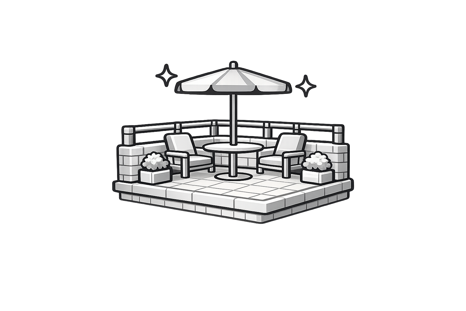 A digital illustration of a small outdoor patio with two chairs, a table, and an umbrella, surrounded by a brick railing and potted plants, on a gray background.