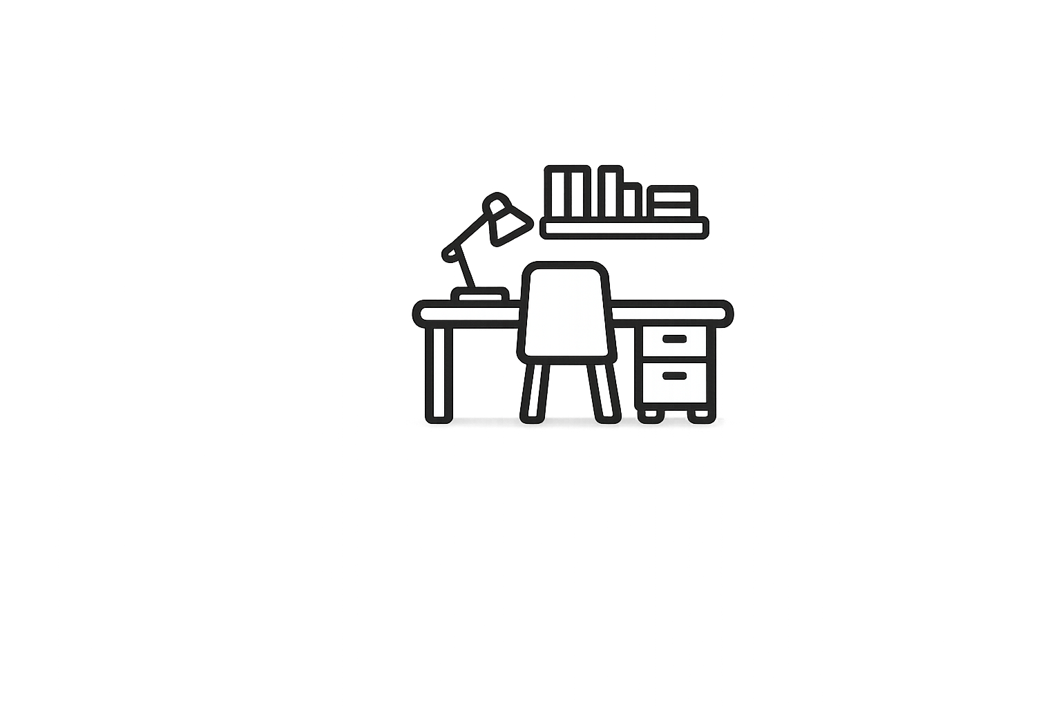 Illustration of a desk with a chair, a desk lamp, some books on a shelf, and a filing cabinet in a room with colorful digital glitch effects.