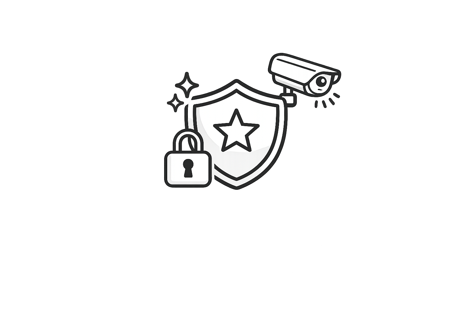 Illustration of security elements including a shield with a star, a lock, a surveillance camera, and a sparkle indicating security or protection