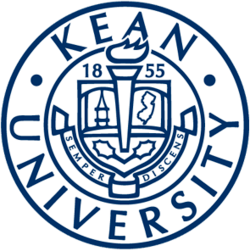 The Kean University logo, featuring a shield with an open book, torch, and the motto 'Semper Discentes'.