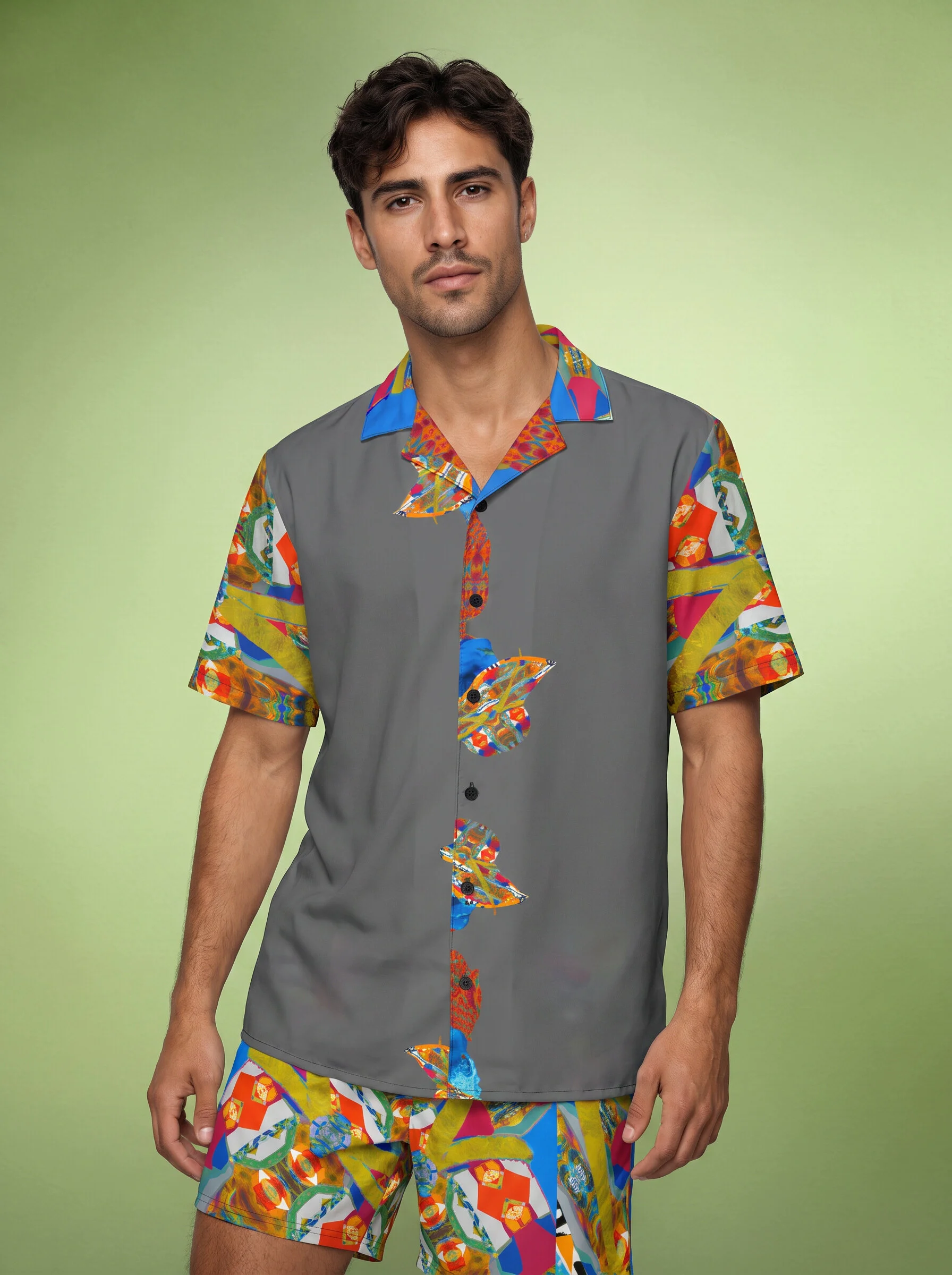 " Light Me UP " Men's Loungewear Button Shirt (grey & blue)