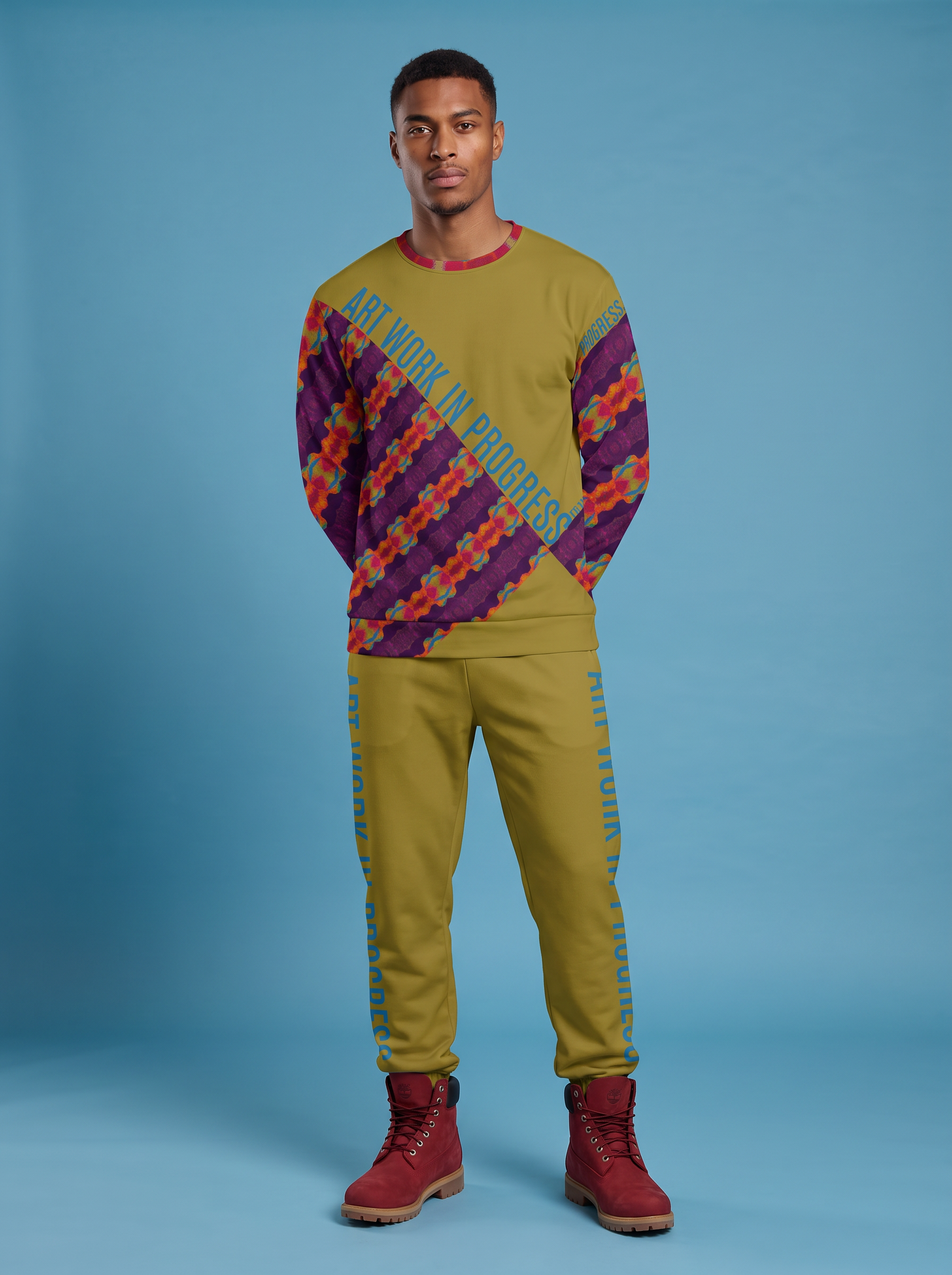 " ART WORK IN PROGRESS " Men's Sweatshirt (rust, green & purple)