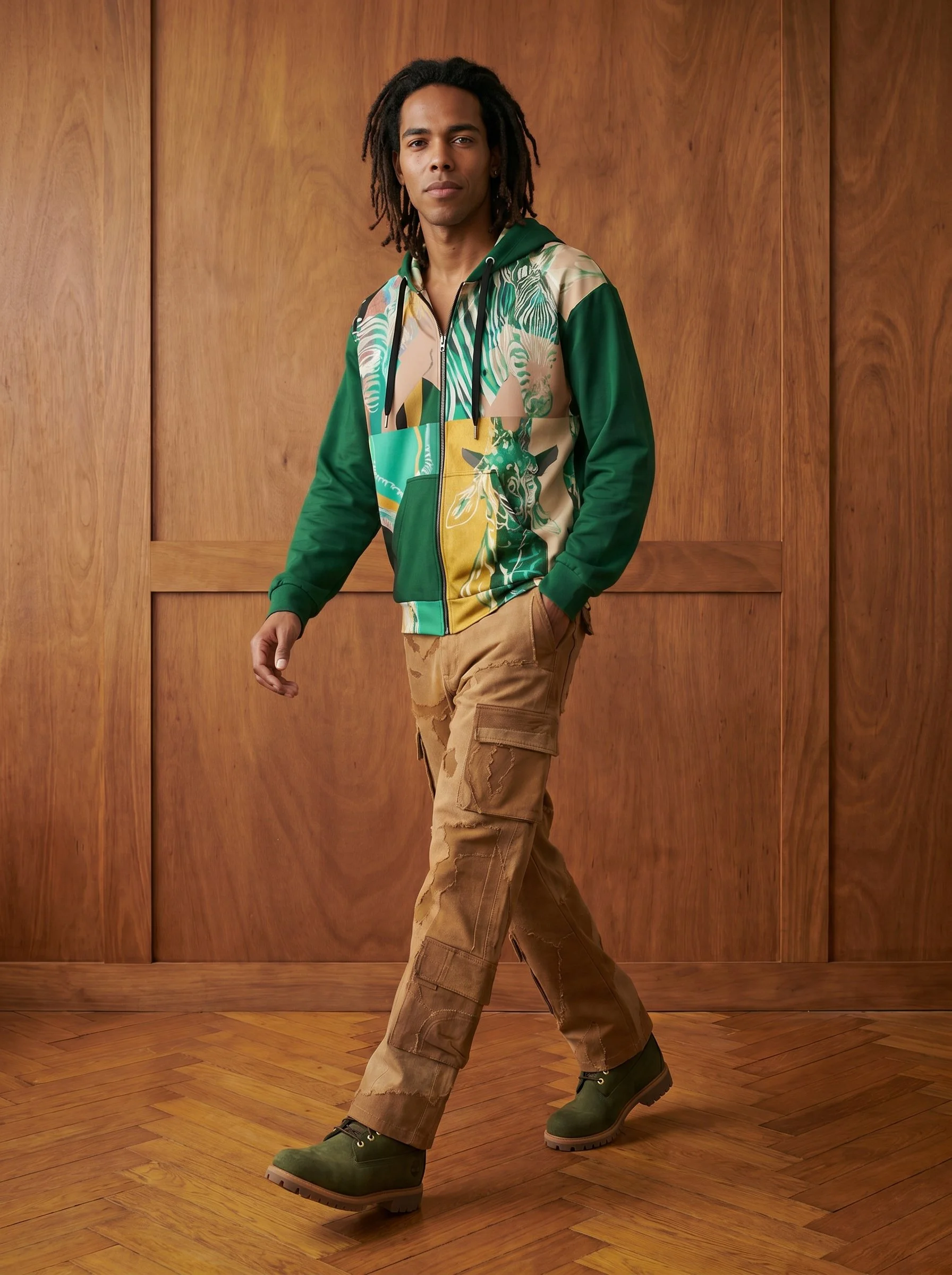 " Exploration " Men's zip hoodie (green & gold)