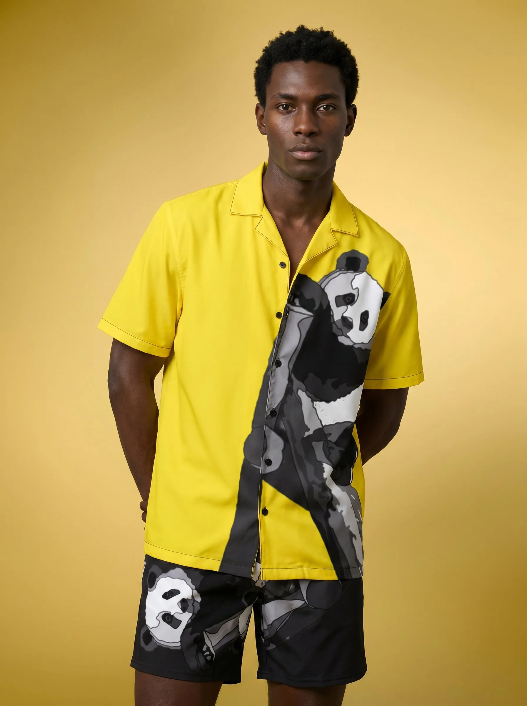 " Me So Pandy " Men's Loungewear Button Shirt (yellow w/panda bear)