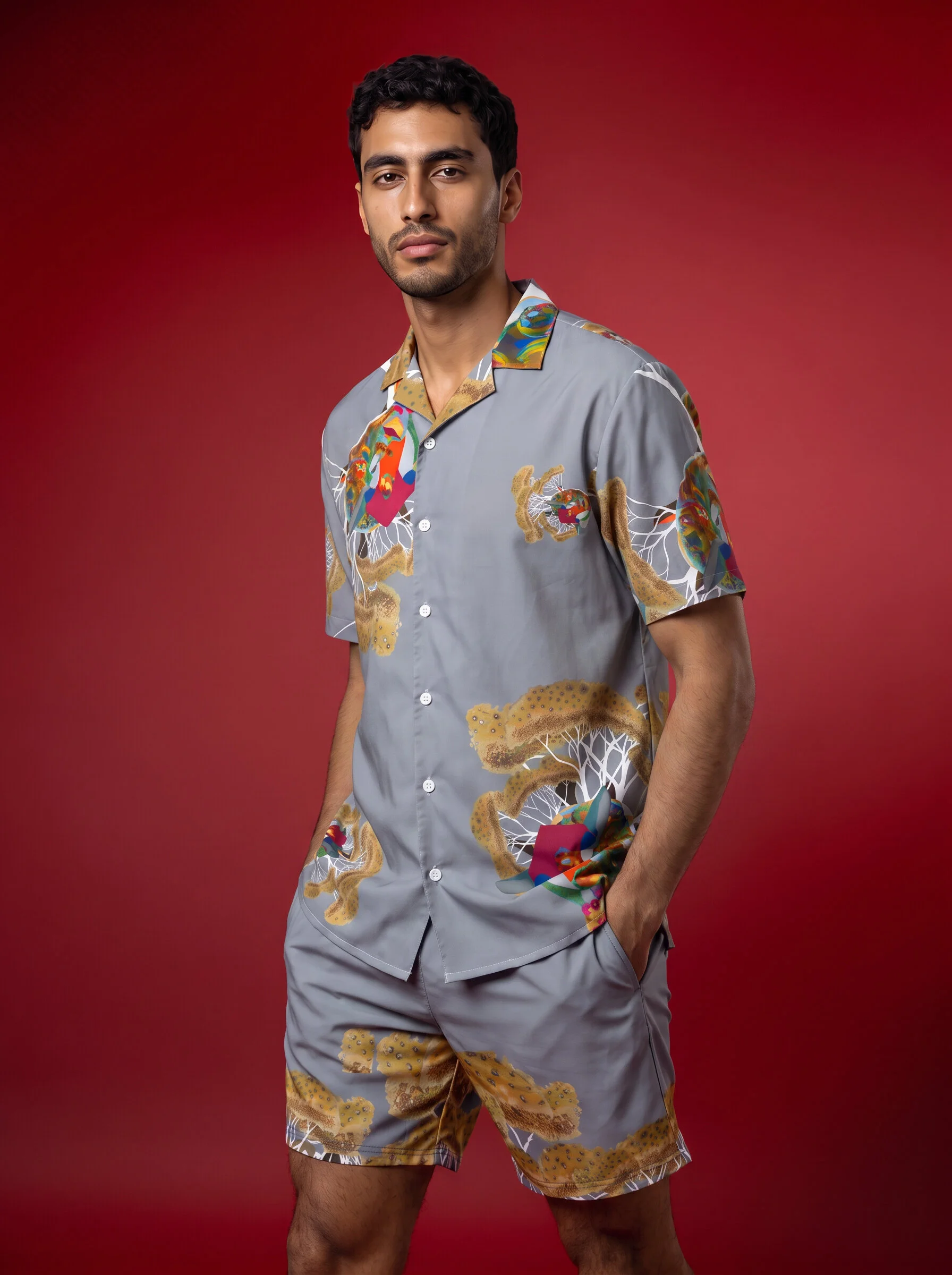 " The Twins " Men's Loungewear Button Shirt (grey/multicolored)