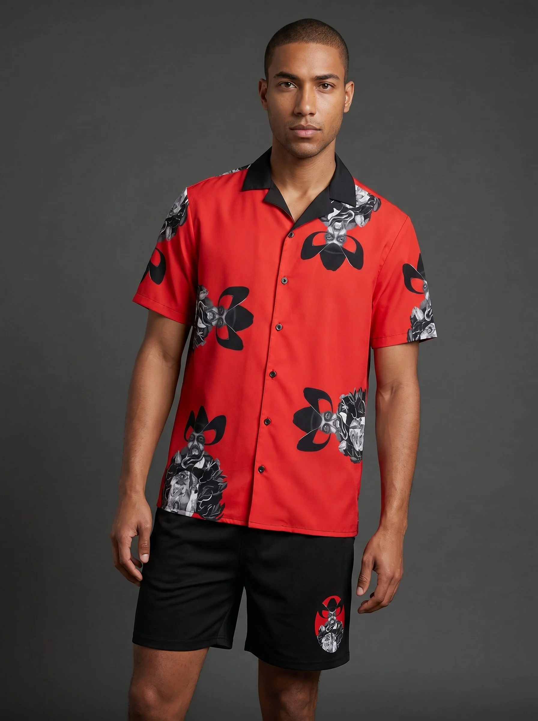 " B&W&Red All Over " Men's Loungewear Button Shirt (red with graphic design)