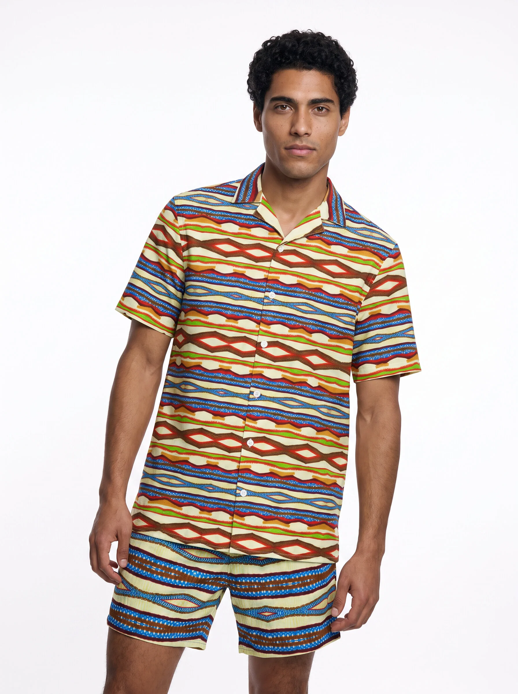" Joy "  Men's Loungewear Button Shirt (white orange & blue)
