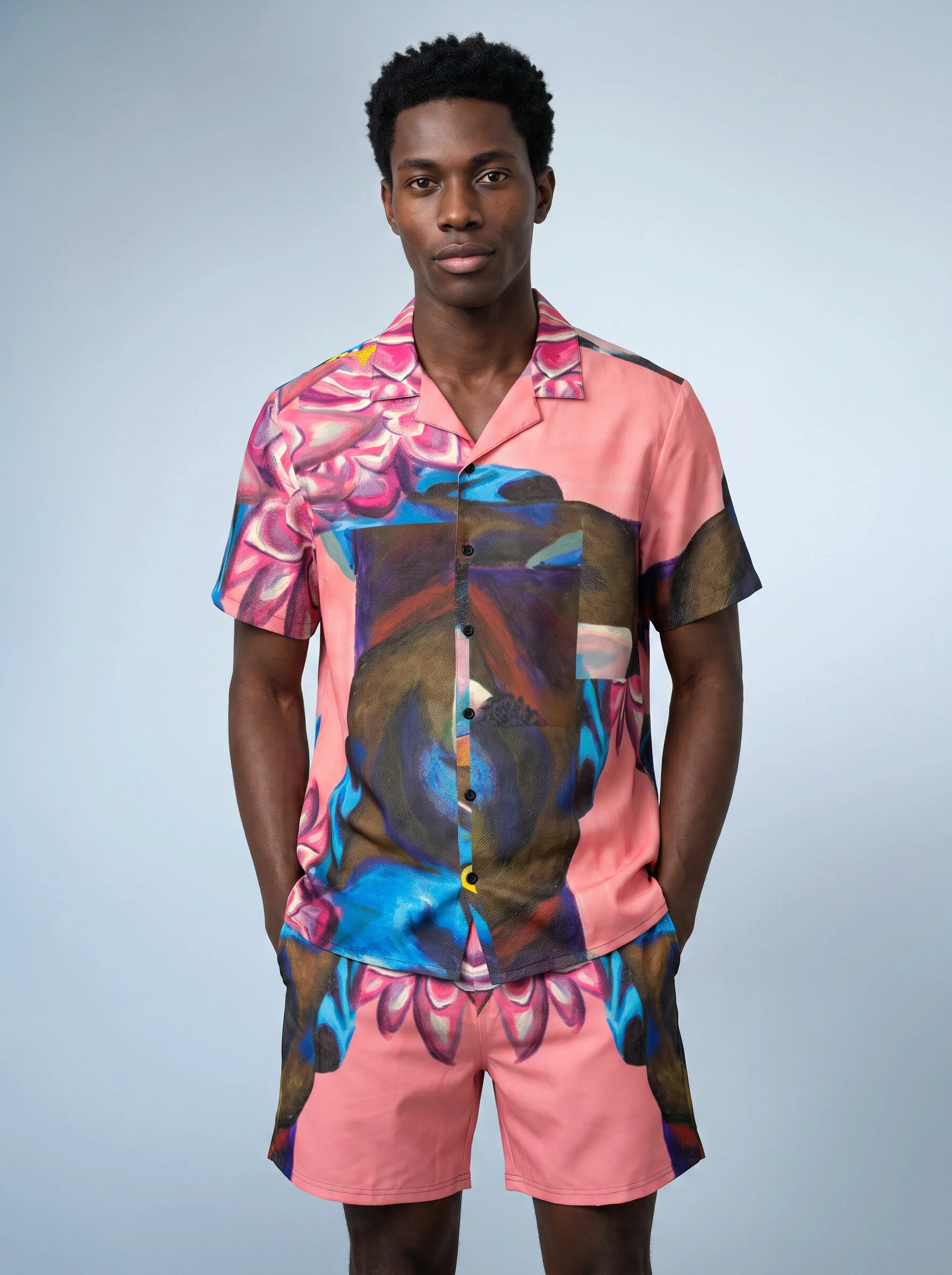 " Mr. Poetry " Men's Loungewear Button Shirt (blue & pink with graphic design)