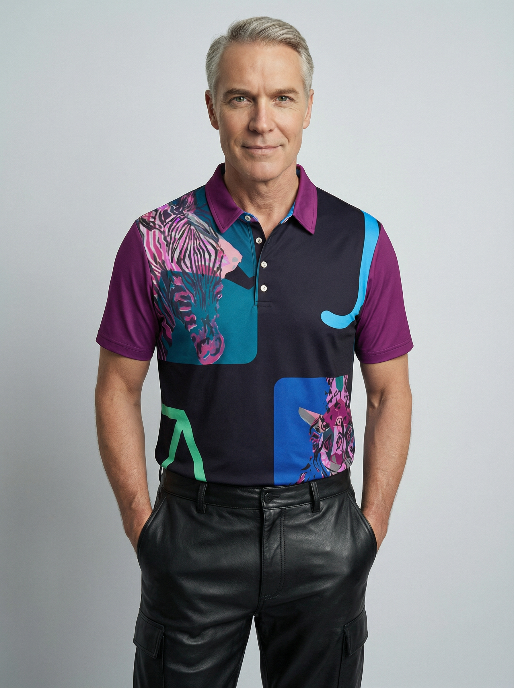 " Royal Jungle " Men’s slim fit polo (purple and blue graphic)