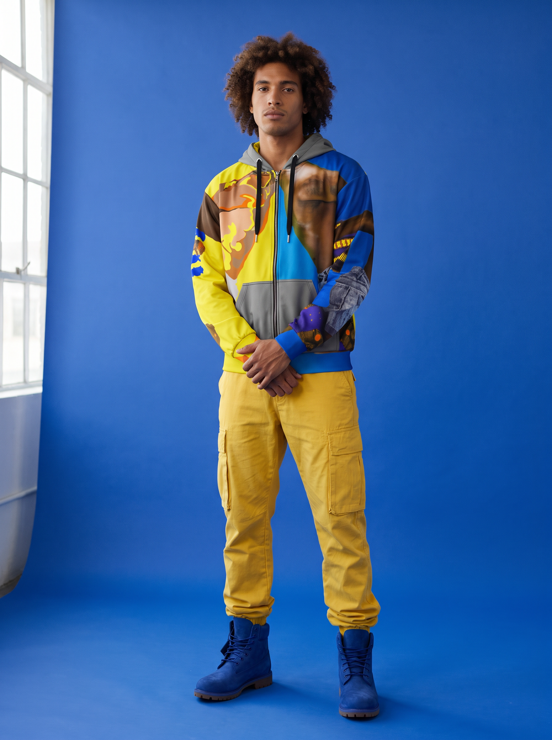Breaking Free Men's zip hoodie (blue, yellow & photography) model from Jonah Artfolio by Jonathan D. Burns.png