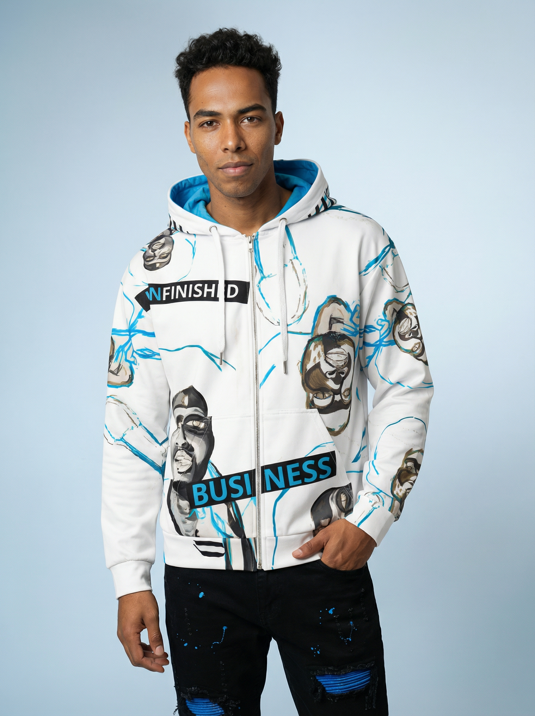 " Unfinished Business " Men's zip hoodie (white and blue)