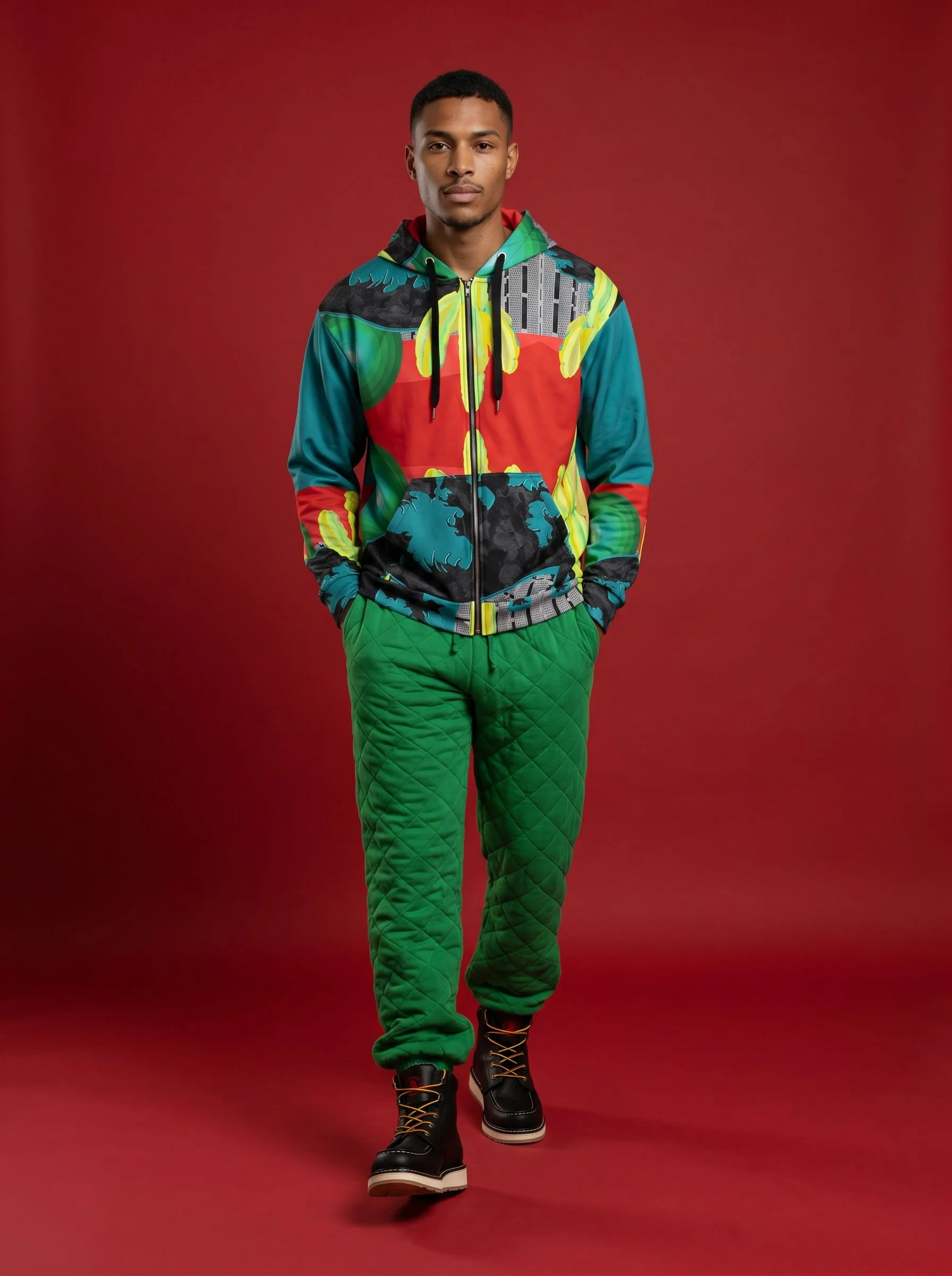 " Don't Desert Me " Men's zip hoodie (blue, green & red)